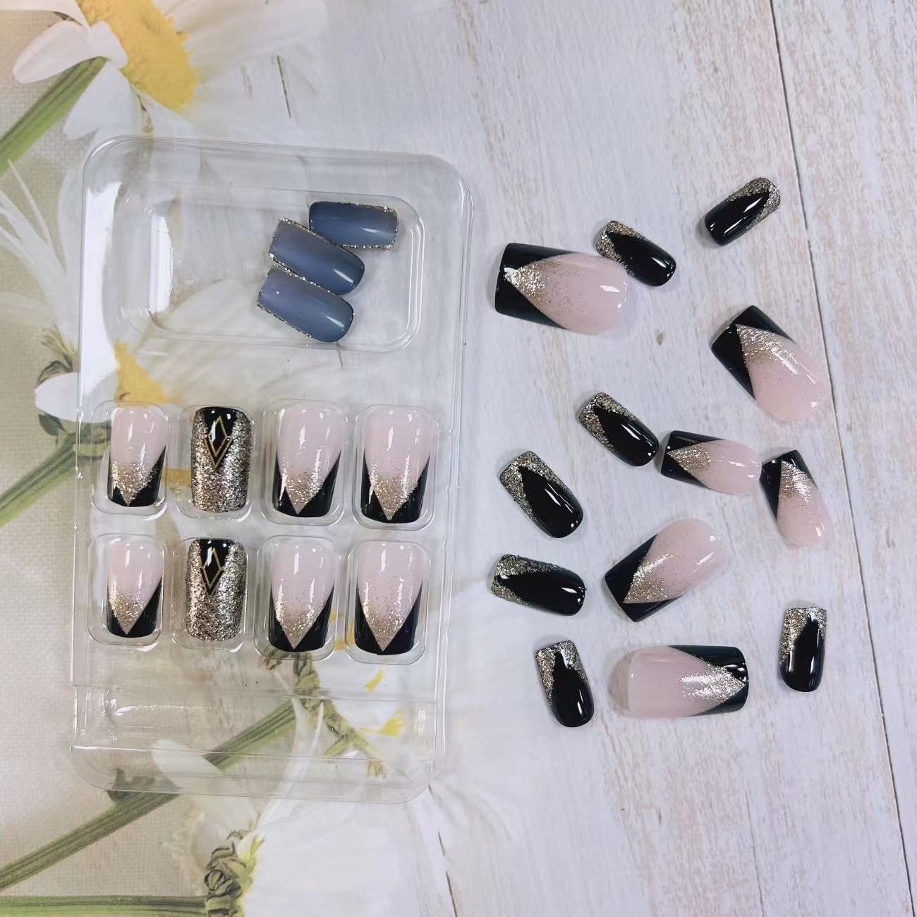 Premium French Tip Press on Nails - 24PCS Medium Length Square Fake Nails with Gold Glitter Designs | Full Cover Black Glue on False Nails for Women & Girls | Perfect for Parties, Weddings, and Special Occasions