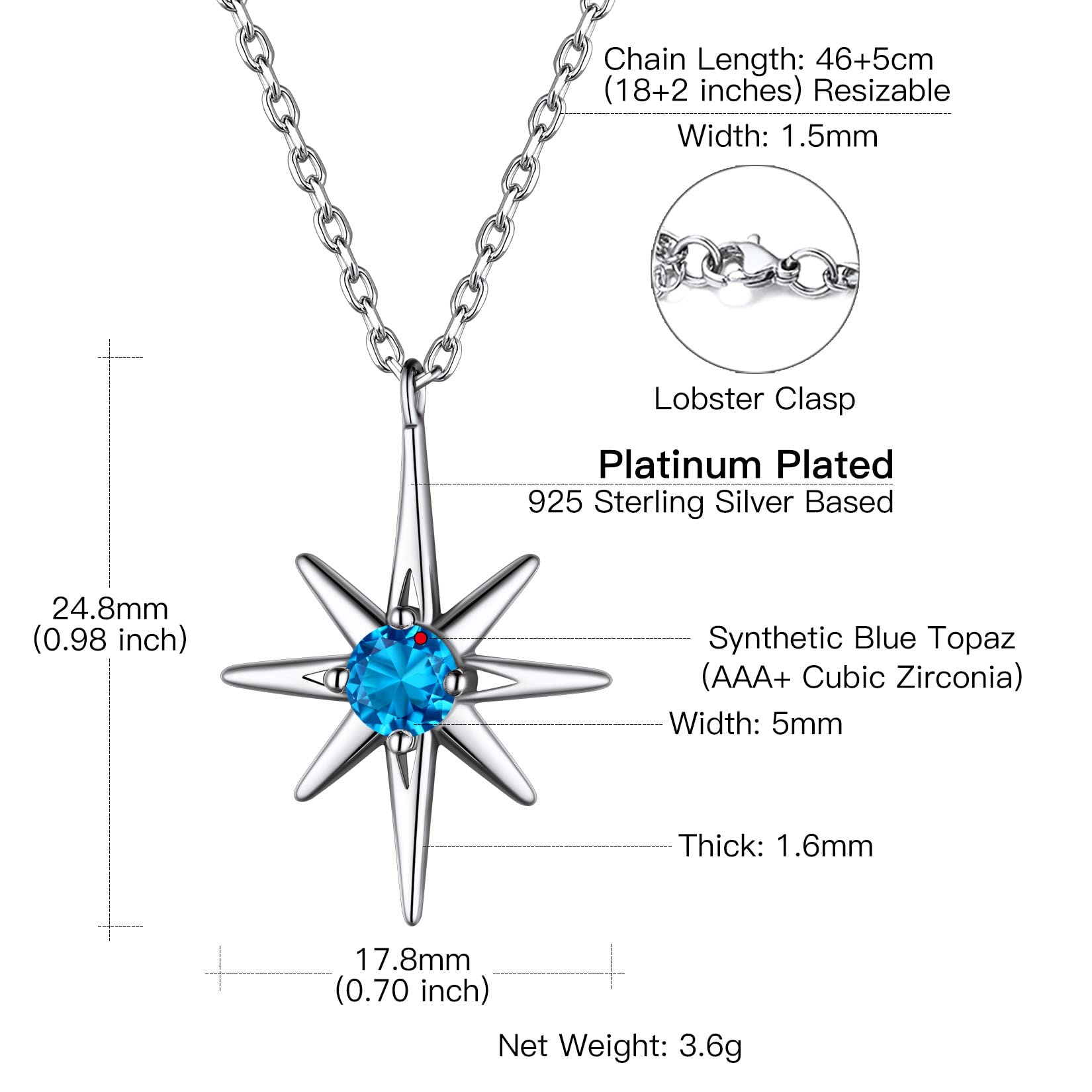 Suplight 925 Sterling Silver Dainty Birthstone North Star Starburst Stud Earrings & Necklace Set for Women - Perfect Gift for Birthday, Anniversary & Everyday Elegance