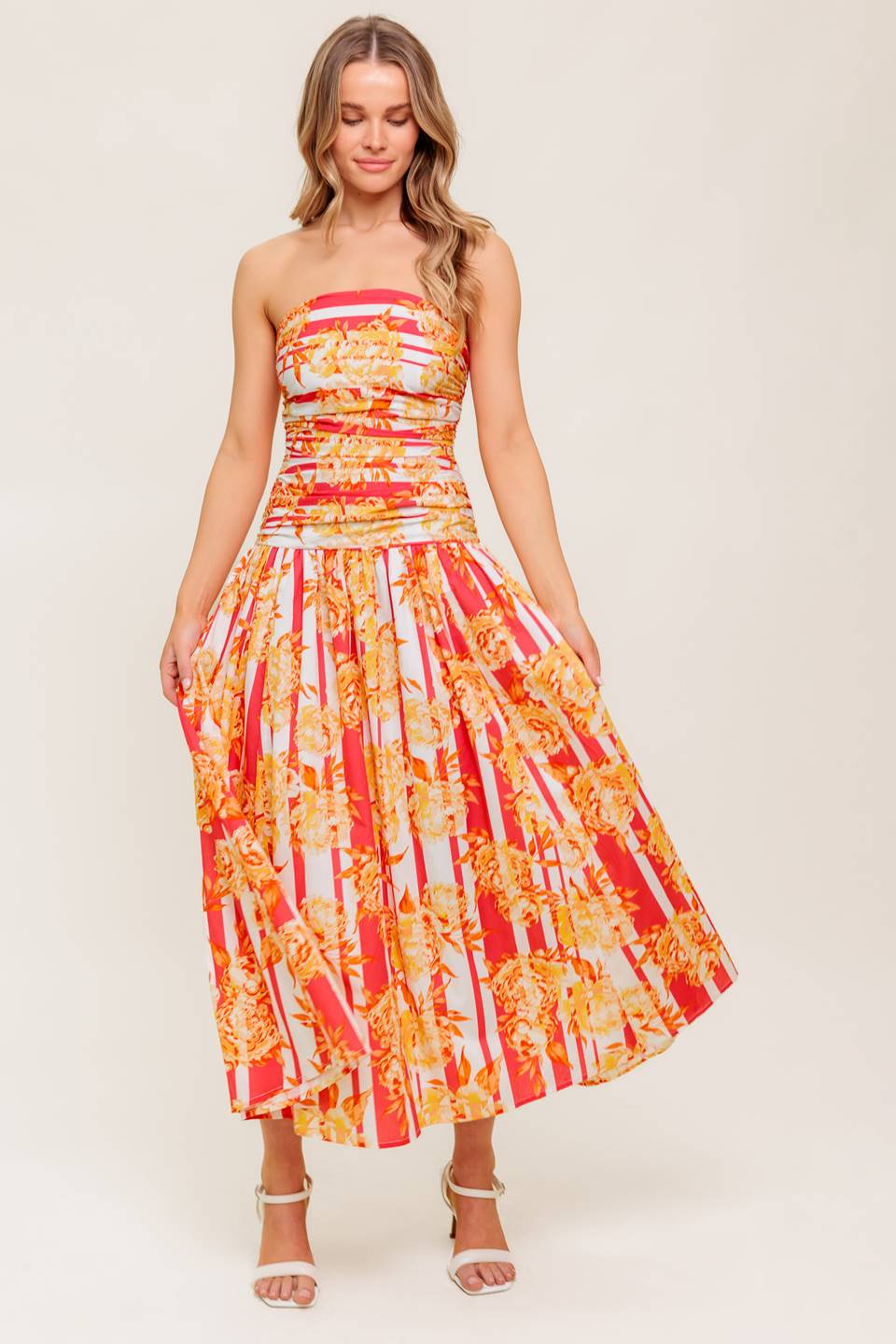 PEONY STORM Shirred Strapless Midi Dress - Elegant Summer Party, Wedding Guest & Cocktail Dress for Women