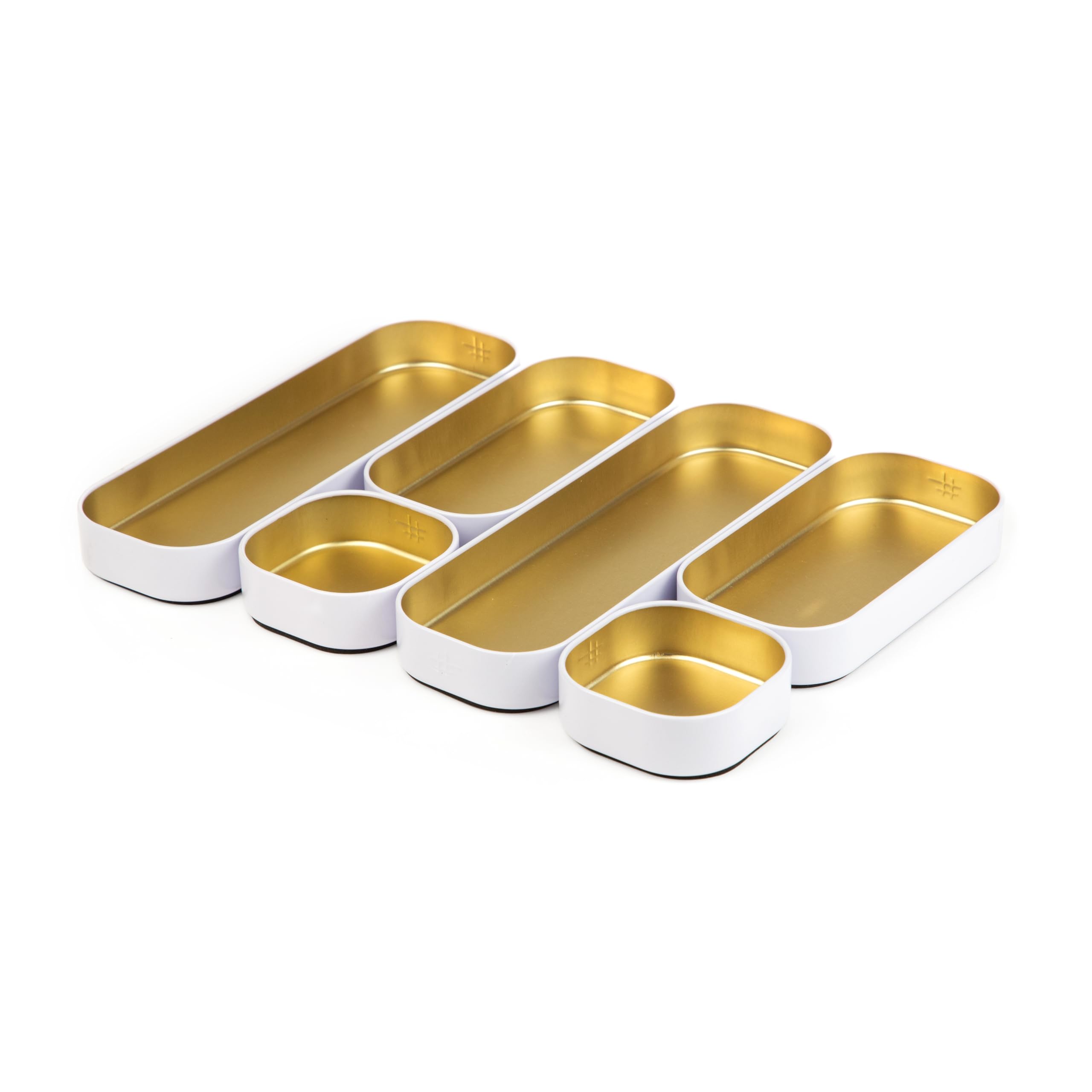 6-Piece Shallow Metal Organizer Tray Set - Gold & White (1 Inch) for Makeup, Stationery, Utensils | Perfect for Office Desk, Kitchen & Bathroom Drawers Organization