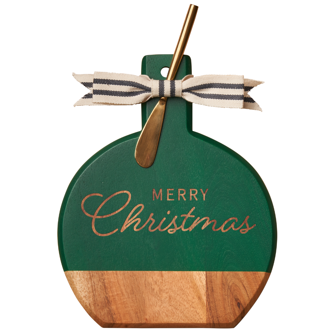 Acacia Wood Beveled Cutting Board with Ribbon & Gold Spreader Knife - Christmas Gift Set (9.75
