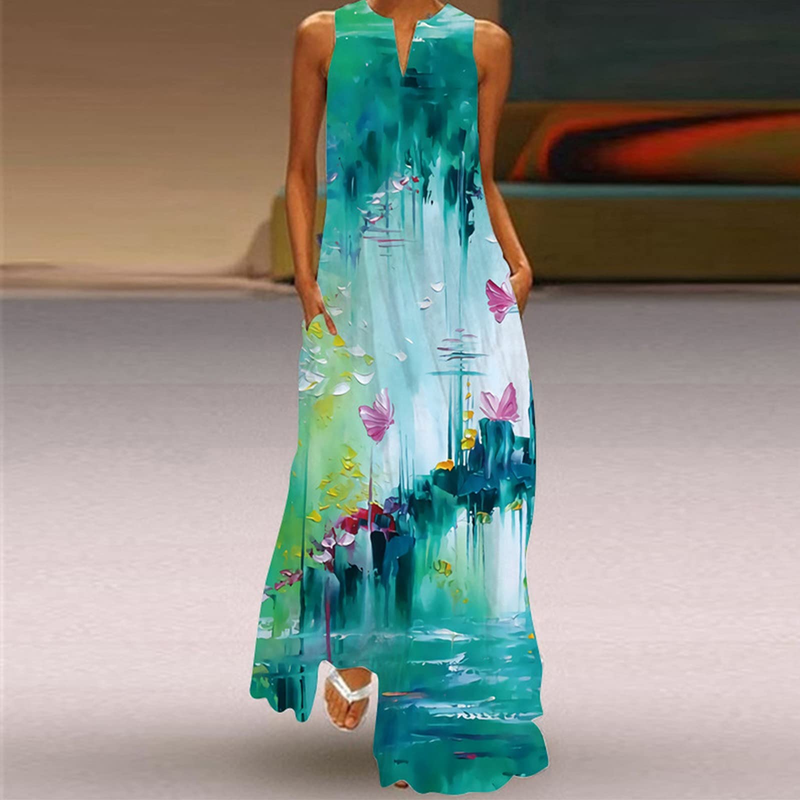 Women's Summer Maxi Dress 2023 - Plus Size Hawaiian Bohemian Sundress for Beach, Vacation & Casual Wear - Racerback Long Boho Dress in Green, Small - Perfect for Tropical Getaways, Pool Parties & Outdoor Events
