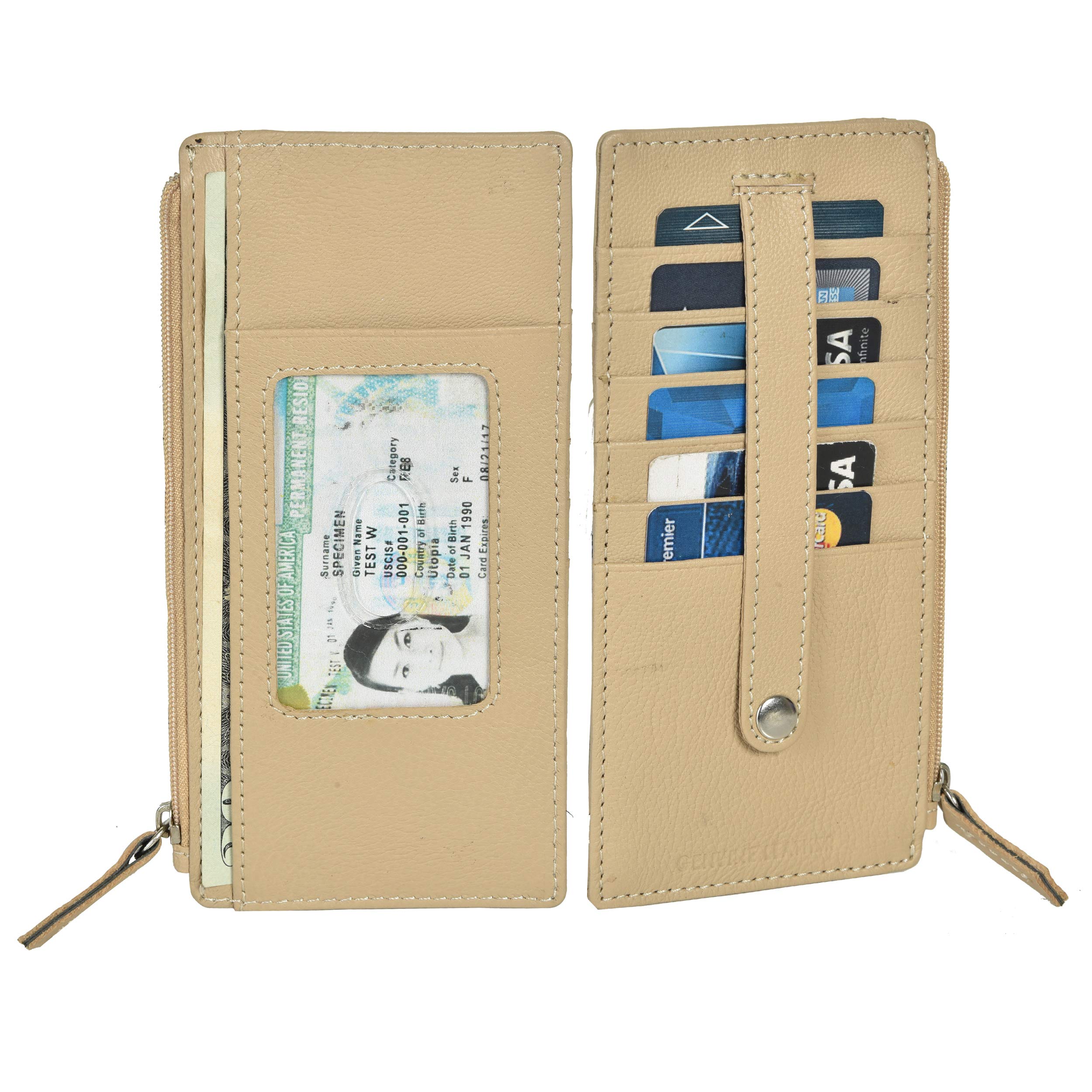 Genuine Leather Women's Slim Wallet - Card Holder with Zipper for Business & Travel (Beige)