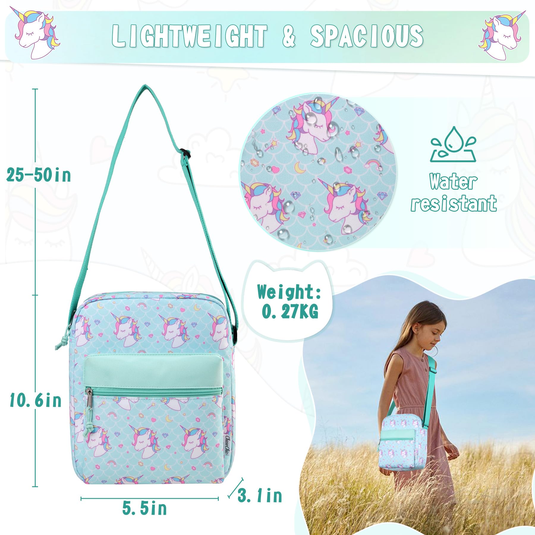 **ChaseChic Unicorn Crossbody Bag for Girls - Cute Waterproof Shoulder Purse with Bottle Holder, Book & Snack Pocket - Perfect for School, Travel & Everyday Use**