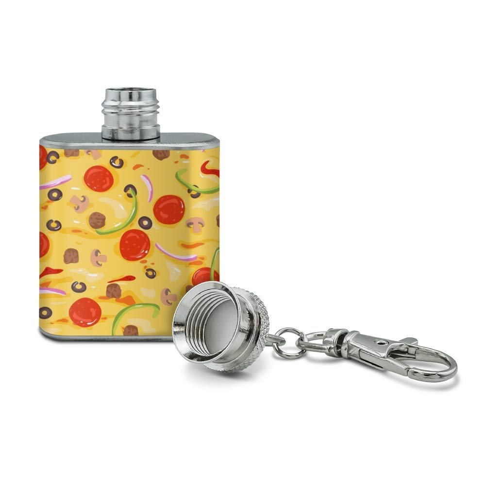 Stainless Steel 1oz Mini Flask Keychain with Pizza Design - Pepperoni, Olives & Onions Pattern | Perfect for Gifts, Parties & Outdoor Adventures