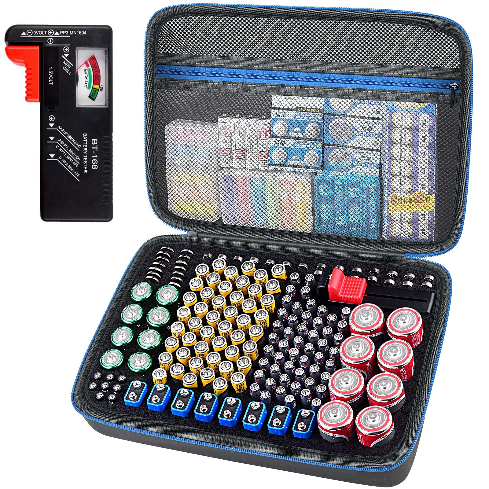 BT-168 Battery Organizer Storage Case with Tester - Holds 225 AA AAA C D 9V & Lithium Batteries (Blue) - Perfect for Home, Office & Emergency Kits