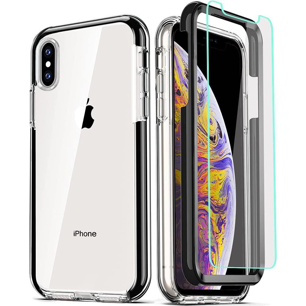 COOLQO iPhone Xs Max Case 6.5 Inch with 2 Tempered Glass Screen Protectors - Clear 360 Full Body Protection Shockproof Silicone Phone Cover (Black) | Perfect for Outdoor Activities, Work & Everyday Use