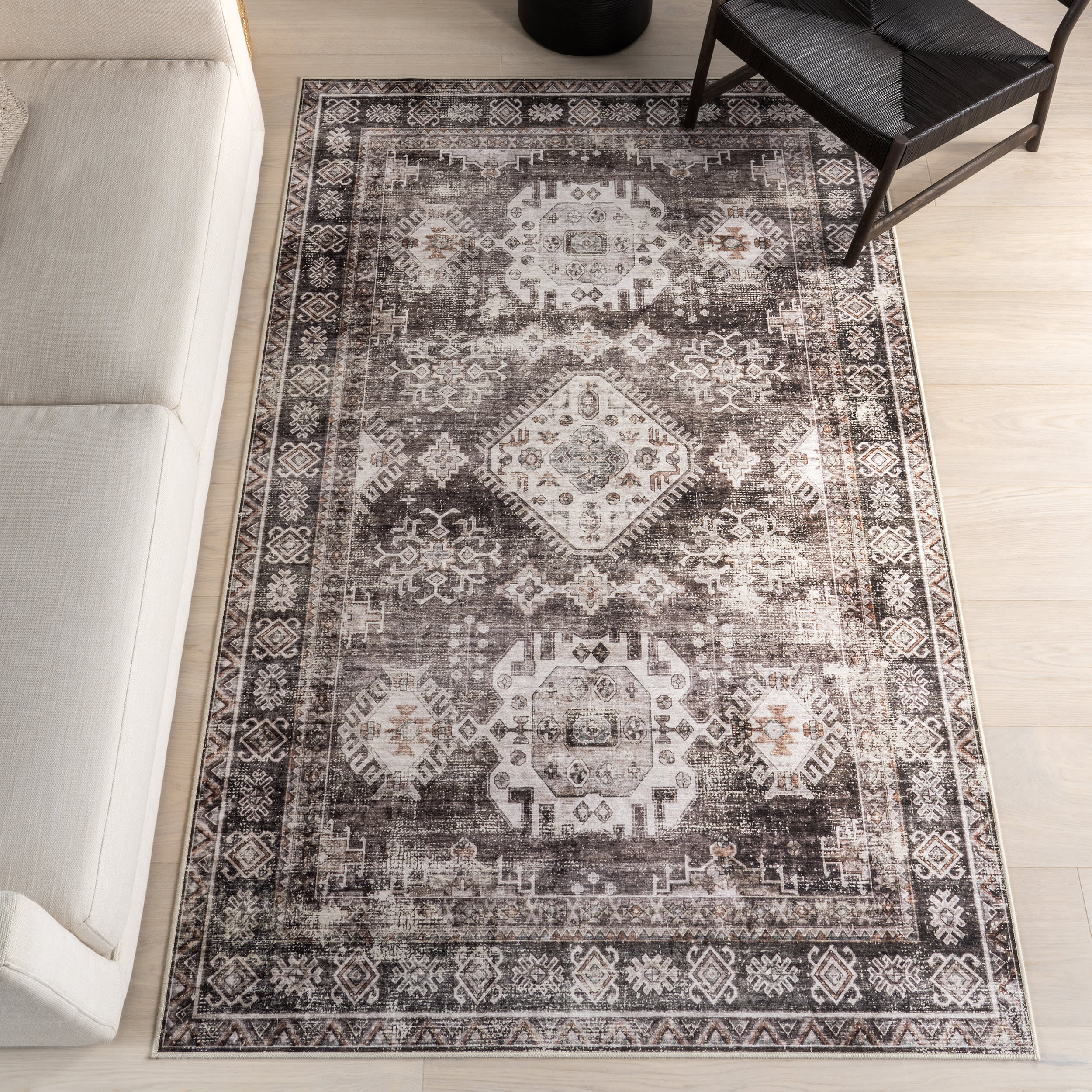 Antoinette Spill Proof Washable Rug - Charcoal Grey | Non-Slip Kitchen & Living Room Rug | Pet & Kid Friendly Indoor Mat