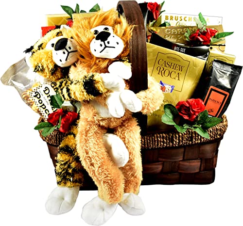 Romantic Gift Basket for Her - 2 Plush Wild Animals, Chocolate Truffle Cookies, Almond Roca & More (9 lbs) | Perfect Birthday, Anniversary & Valentine's Day Present for Women
