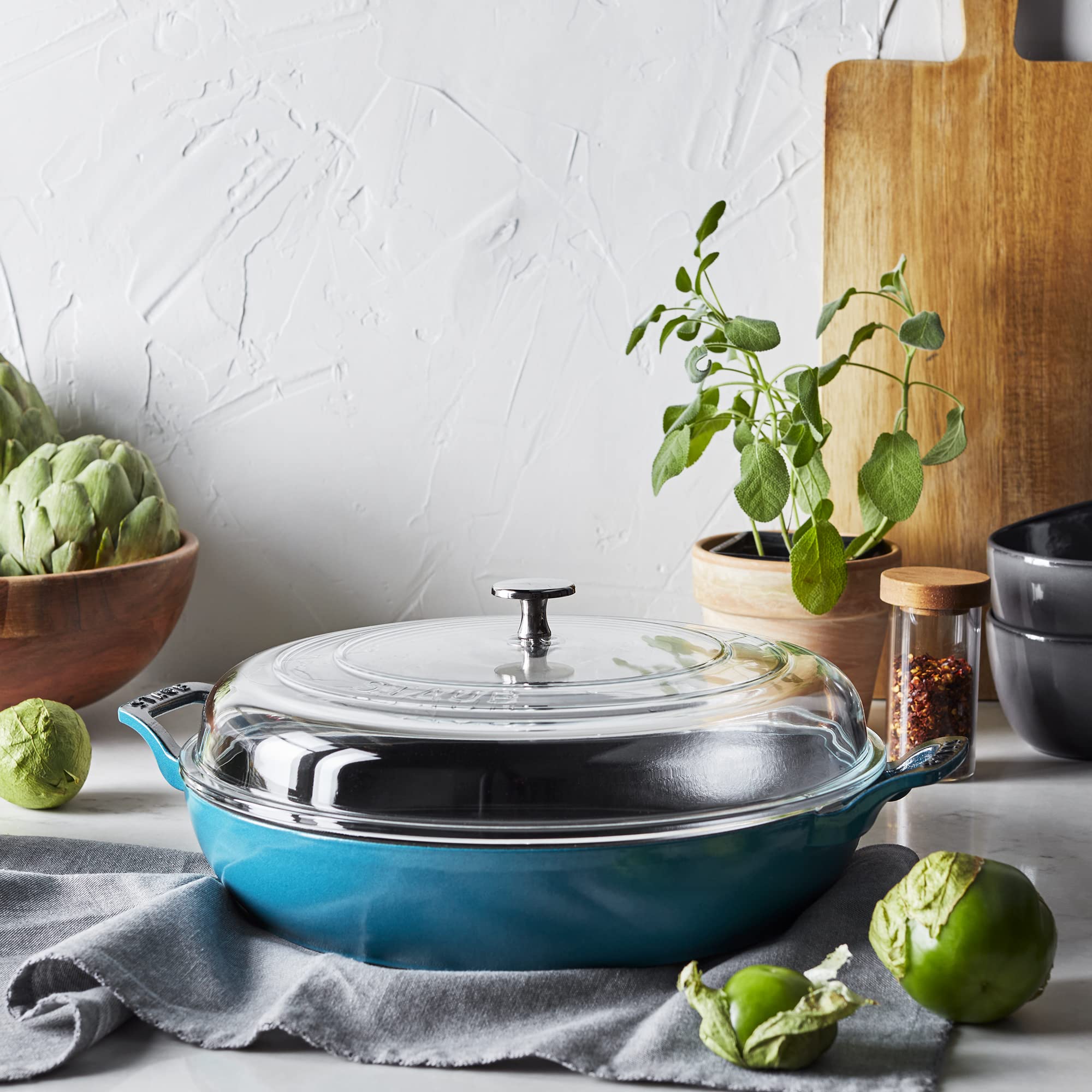 STAUB 3.5-Quart Cast Iron Braiser Pan with Glass Lid - Turquoise Color | Perfect for Searing, Braising & Slow Cooking | Ideal for Stovetop to Oven Meals