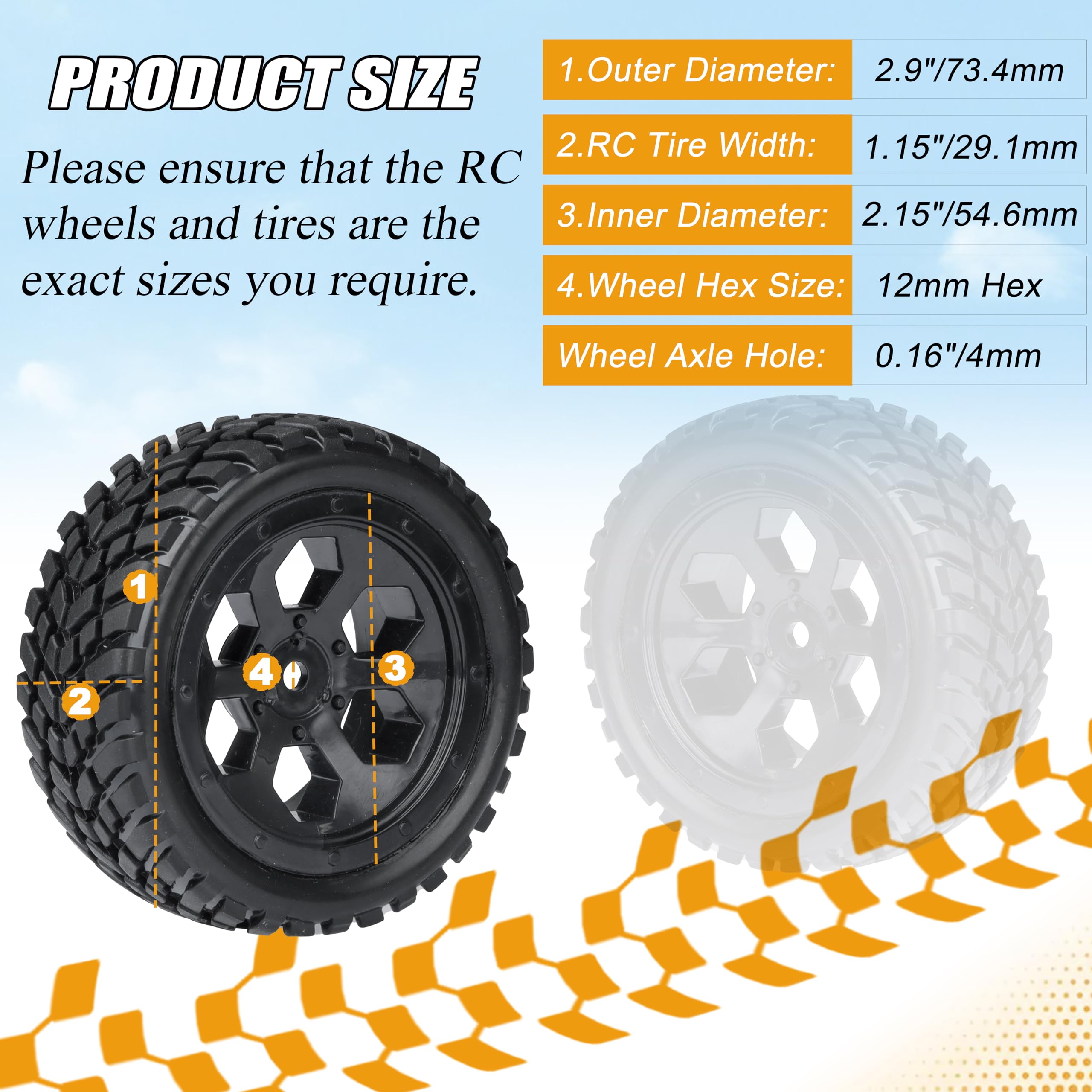 12mm Hex RC Wheels & Tires for Hyper Go H16BM/H14BM - 1/14 & 1/16 Scale Pre-Glued Off-Road Tires with Foam Inserts - Compatible with Traxxas, WLtoys 144001 & 1/18 RC Cars - Perfect for Street Racing & Off-Road Bashing