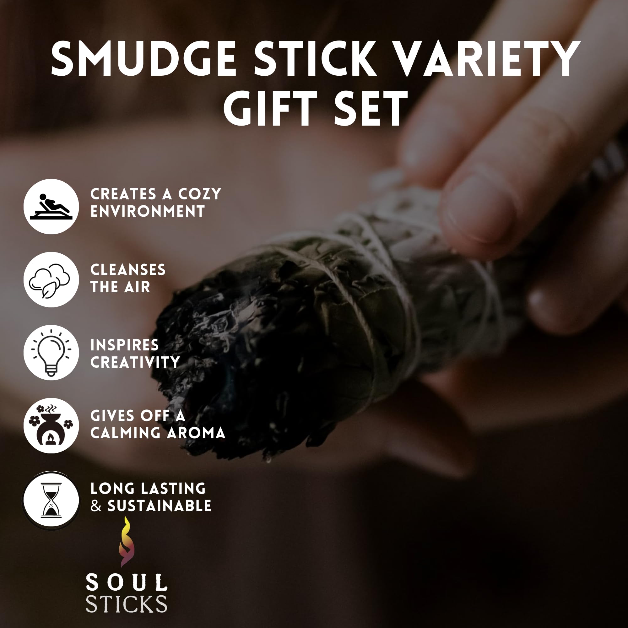 SOUL STICKS Premium Smudge Stick Variety Gift Set - 6 Pack of Natural Sage Bundles for Space Cleansing & Energy Purification | Includes Smudging Wand & Guide Book | Perfect for Meditation, Yoga, Home Cleansing & Spiritual Rituals