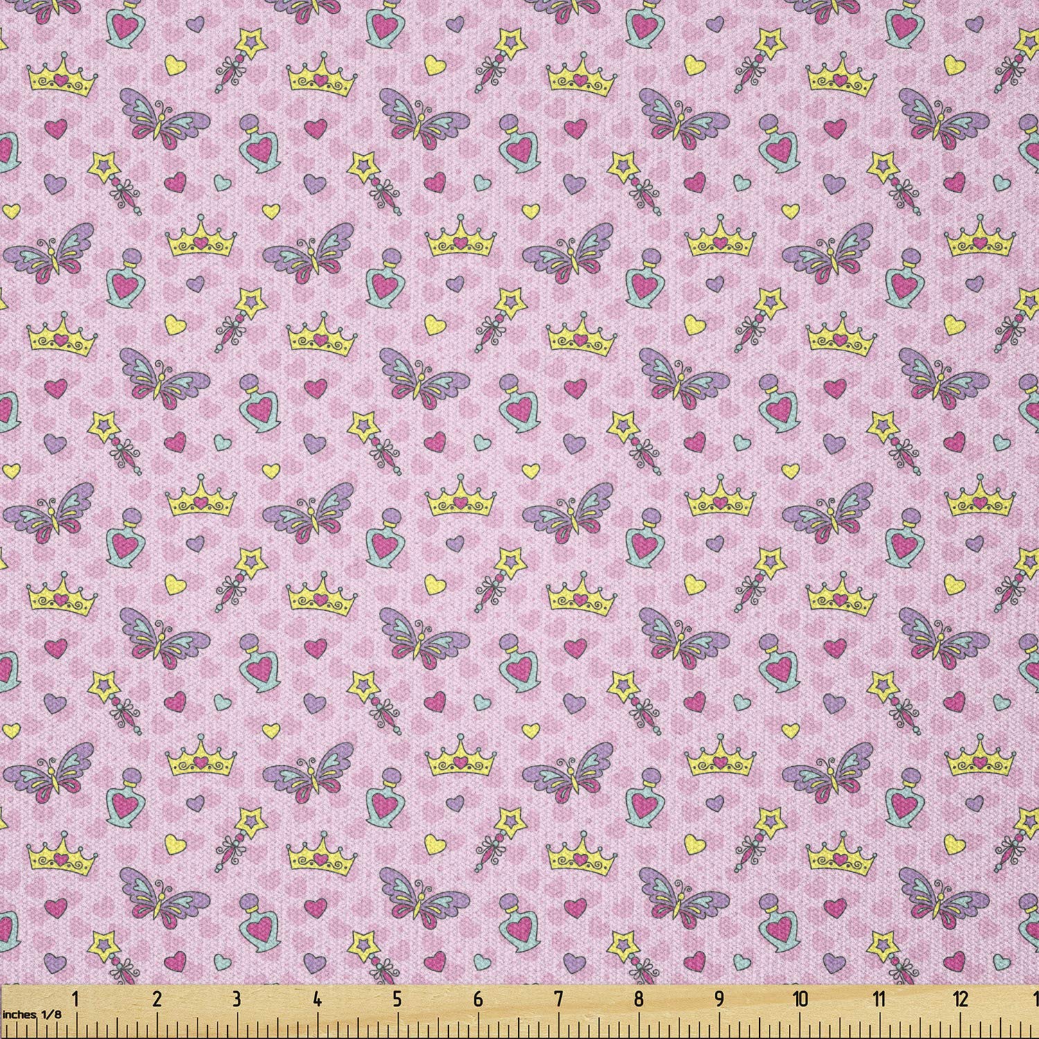 Lunarable Cartoon Fabric by The Yard - Stretch Knit Material with Wands, Crowns, Butterflies & Heart Patterns for DIY Clothing, Sewing & Crafts (10 Yards, Multicolor) - Perfect for Kids' Costumes, Home Decor & Creative Projects