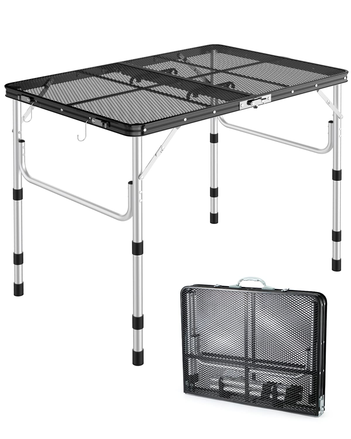 **Sportneer Adjustable Height Folding Camping Table - Lightweight Aluminum Portable Grill Table with 2 Hooks for Outdoor, BBQ, Picnic, RV & Backpacking - Perfect for Cooking, Tailgating & Beach Trips (Black)**