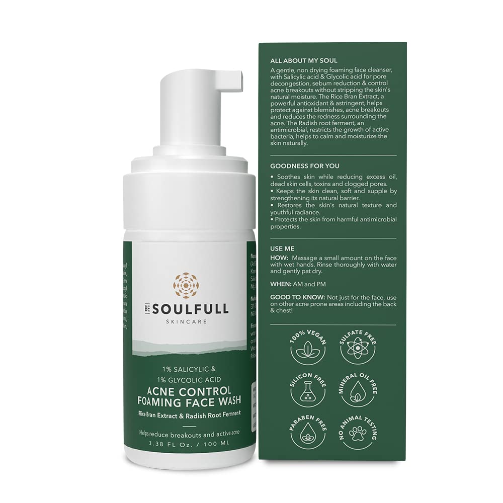 BE SOULFULL Acne Foaming Face Wash with 1% Salicylic Acid & Glycolic Acid - Oil Control & Exfoliating Daily Face Wash for Acne Prone Skin - Reduces Pores & Dead Skin Cells - 100ml - Perfect for Morning & Night Skincare Routine