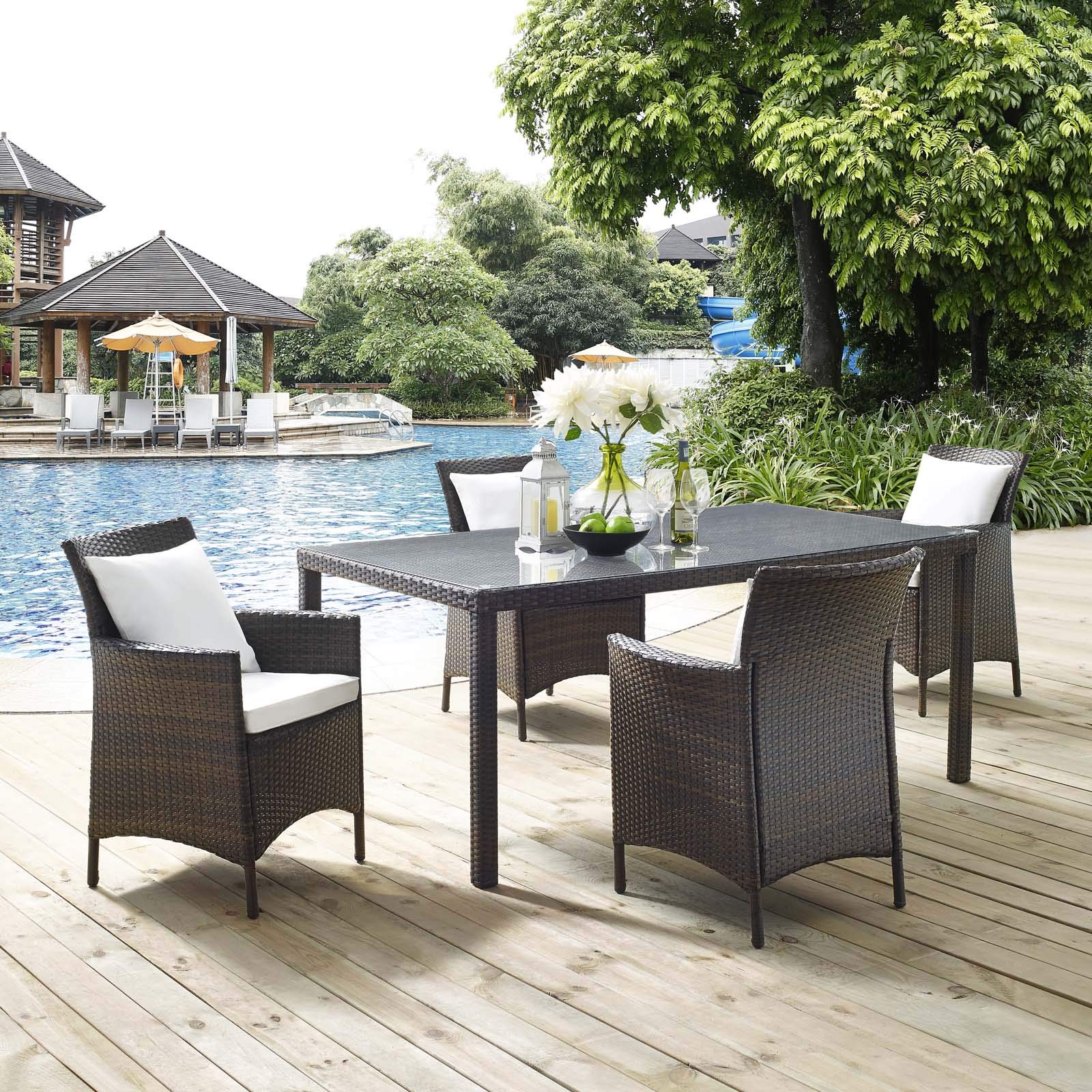 Modway EEI-3892-BRN-WHI-SET 5-Piece Outdoor Dining Set - Weather-Resistant Brown & White Patio Furniture for Backyard, Garden, Poolside or Deck - Includes Table & 4 Chairs
