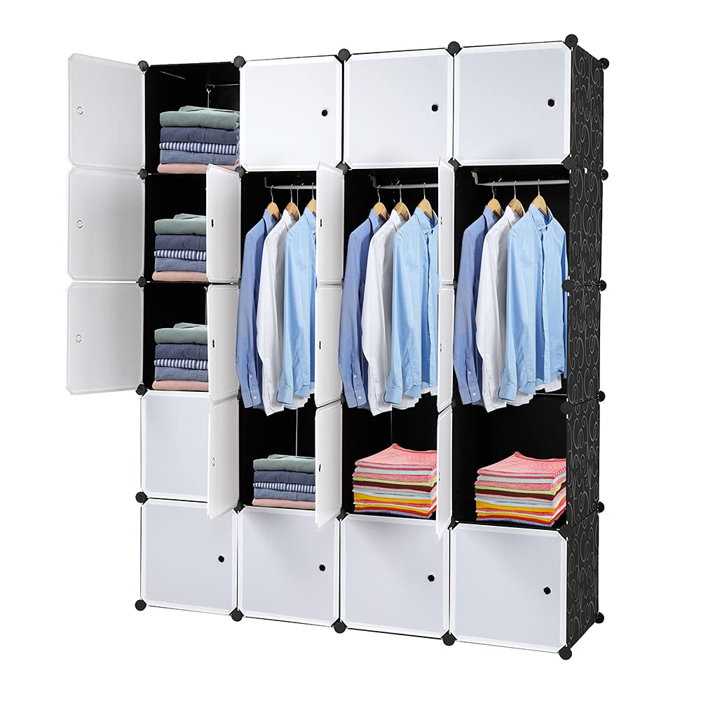 JYOSTORE Portable Closet - Large 20-Cube Modular Wardrobe Organizer with Hanging Rod, Stackable Plastic Storage Shelves, White Doors & Black Panels - Perfect for Bedroom, Closet, Dorm, or Small Space Organization