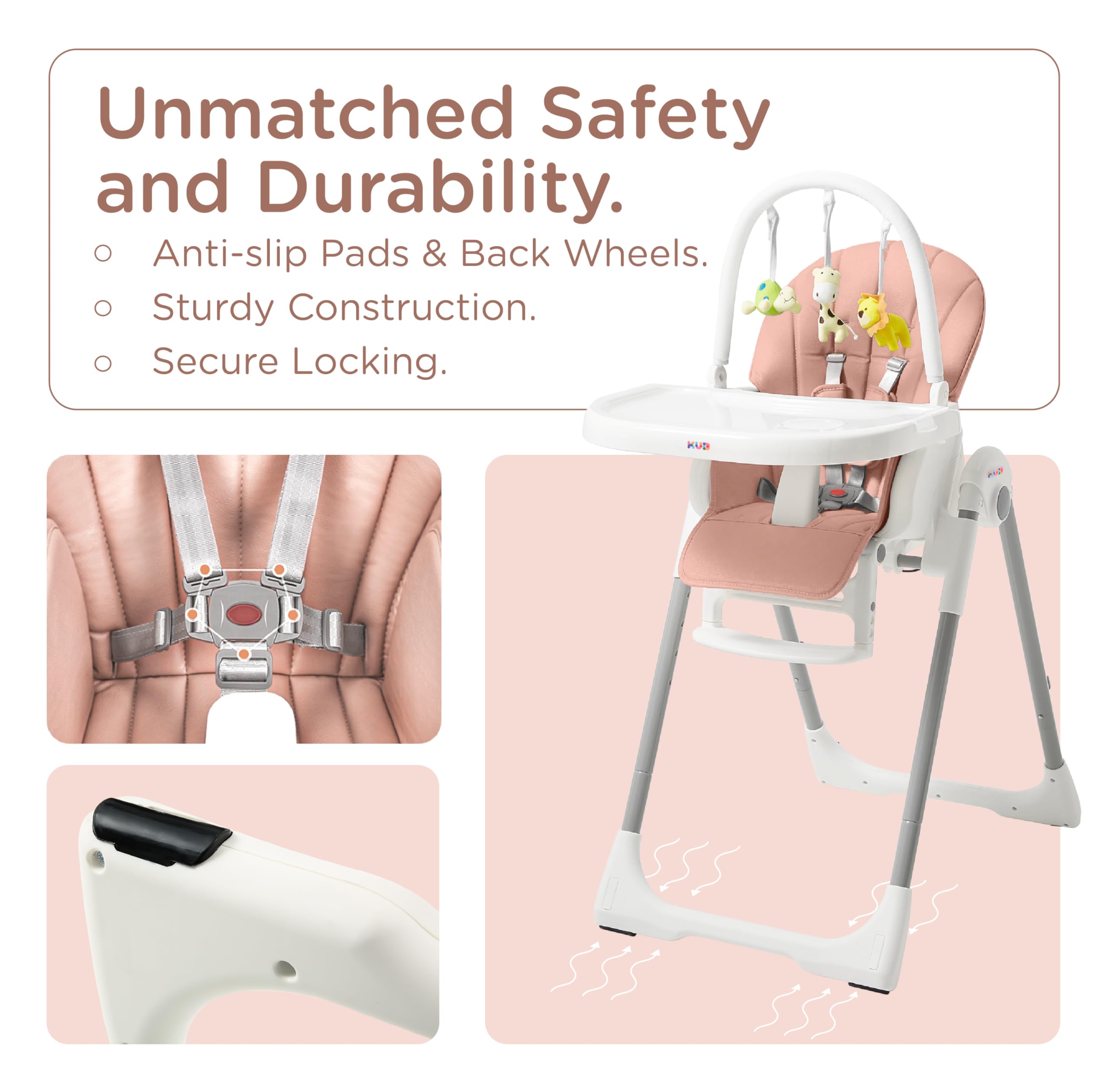**KÜB 3-in-1 Foldable Baby High Chair – Adjustable 7 Heights & 4 Recline Positions, Removable Seat & Tray for Easy Cleaning, 2 Locking Wheels – Multifunctional Infant Highchair for Babies & Toddlers (Pink, Includes Toys) – Perfect for Dining, Feeding & Playtime at Home or Travel**