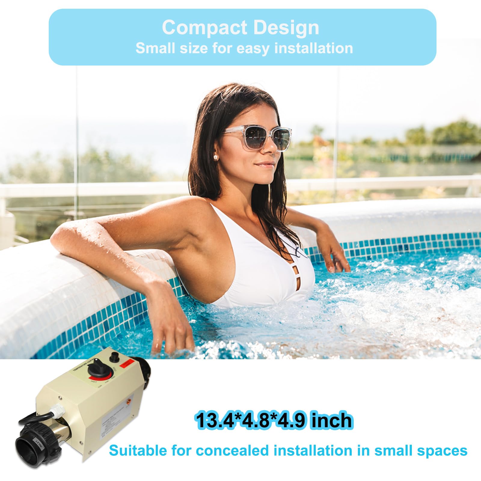 220V 3KW Electric Pool Heater with Digital Thermostat & Touch Display - Energy Efficient Swimming Pool Water Heater for Spas, Bathtubs, Inground & Above Ground Pools - Perfect for Backyard, Vacation Homes & Resorts