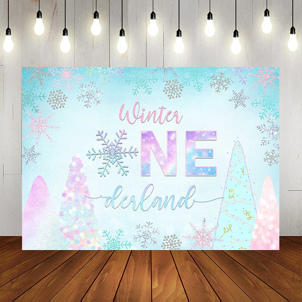 Lofaris Winter Onederland Backdrop - Pink Silver Blue Snowflake Photography Background for Baby Girl's 1st Birthday Party Decor (7x5ft) | Perfect for Cake Table, Photo Booth, Studio Props & Wonderland-Themed Celebrations