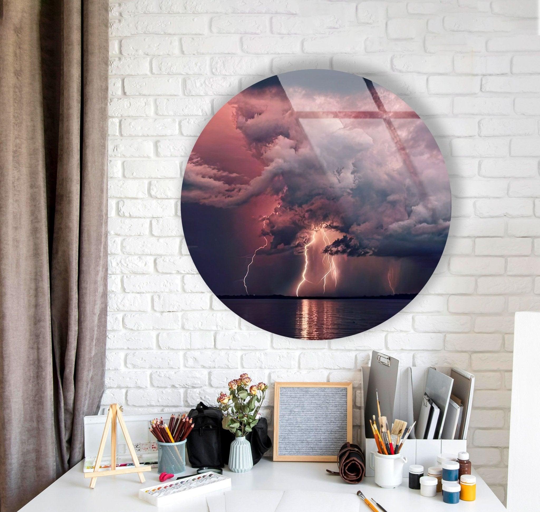 Abstract Round Lightning Glass Wall Art - Modern Home Decor for Living Room, Bedroom & Office - Shatterproof & UV Resistant - Perfect for Gifts & Interior Design