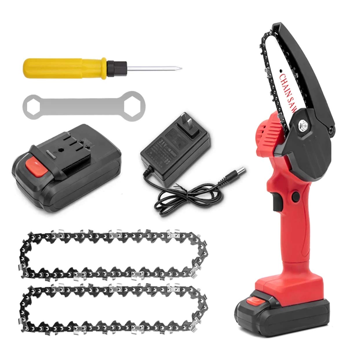 4-Inch Cordless Mini Chainsaw with 1 Battery & 2 Chains - Portable Electric Chainsaw with Splash Board & Pruning Shears for Tree Branch Cutting, Wood Trimming, Gardening and Yard Maintenance (Red) - Perfect for DIY Projects, Landscaping and Outdoor Use