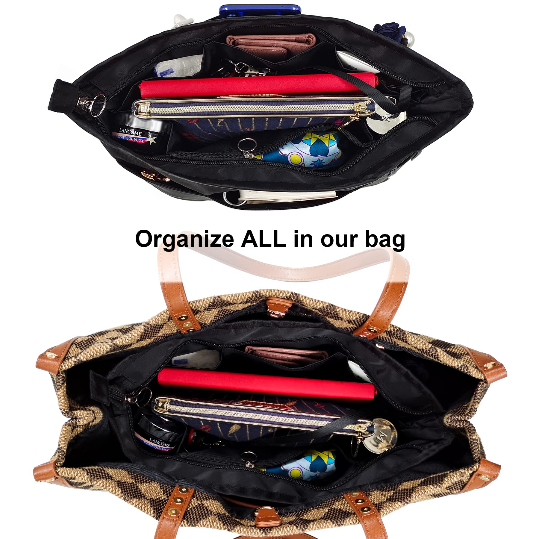 Time Wing Purse Organizer Insert - Tote Handbag Organizer with Multi Pockets & Zippers - Medium Black Bag Shaper Liner for Keys, Wallet & Essentials - Perfect for Work, Travel & Daily Organization