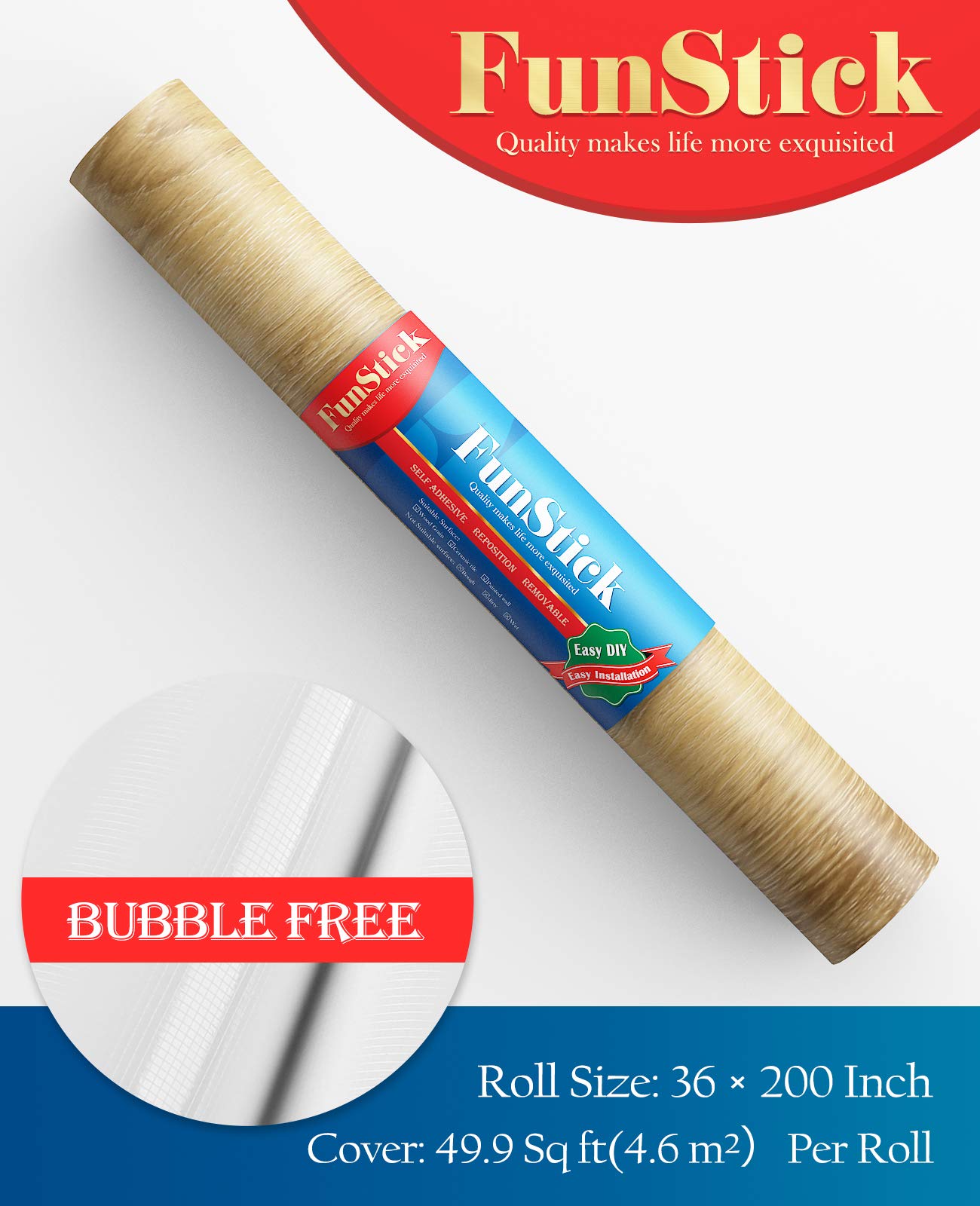 FunStick 36x200 Inch Wood Grain Peel & Stick Wallpaper - Waterproof Self-Adhesive Vinyl Contact Paper for Cabinets, Countertops, Shelves, Dressers & Tables | Easy Removable Shelf Liner for Kitchen, Bathroom & Closet Organization
