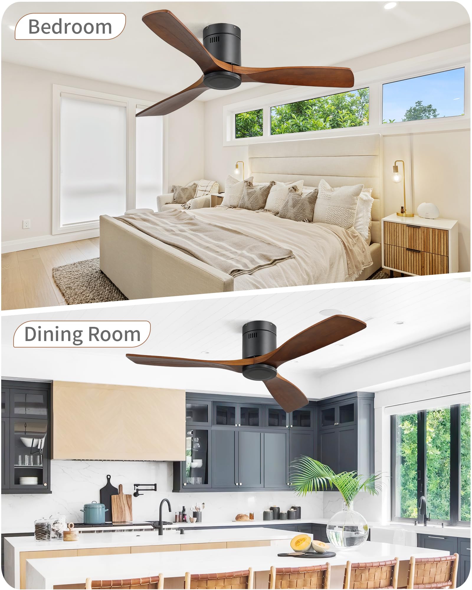 52 Inch Low Profile Flush Mount Ceiling Fan No Light - 6 Speed & 3 Timer Remote Control, 3 Wood Blades, Ultra Quiet Reversible DC Motor - Perfect for Bedrooms, Living Rooms, Patios, and Outdoor Covered Spaces