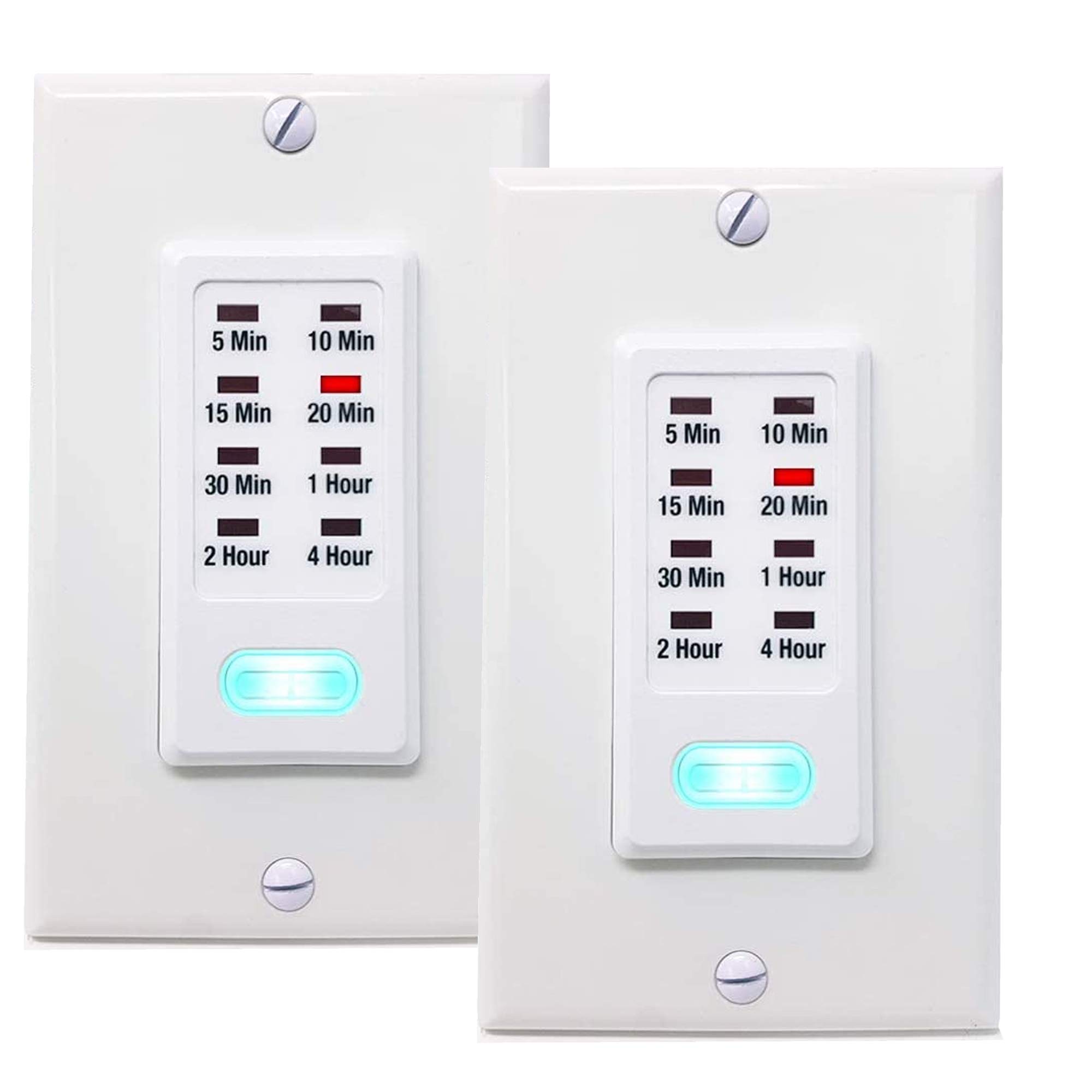 5-10-15-20-30 Minute & 1-2-4 Hour Heavy Duty Countdown Wall Timer Switch - Automatic Shut Off Programmable Electric Timer for Bathroom Fan, Porch Light, Heater - UL Listed (2 Pack) - Perfect for Home, Office & Outdoor Lighting Control
