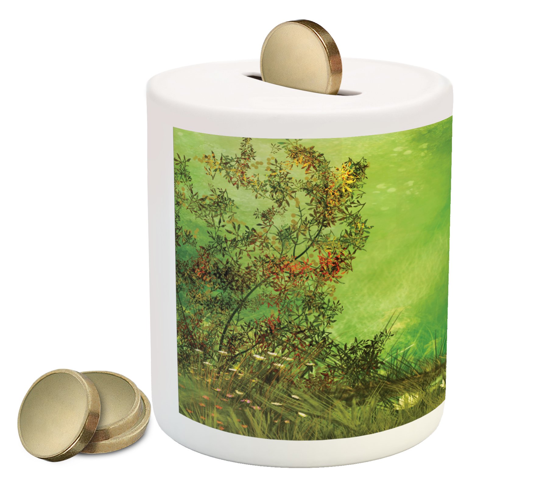 Ambesonne Ceramic Piggy Bank - Rainforest Design with Butterflies, Flowers & Lizard - 3.6