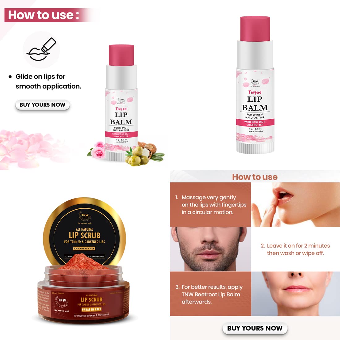 TNW The Natural Wash Lip Care Combo - Rose Tinted Lip Balm (6g) & Lip Scrub (25g) for Soft, Moisturized Lips | Exfoliates Darkened Lips, Adds Glossy Sheen | Perfect for Daily Hydration, Night Care & Makeup Prep