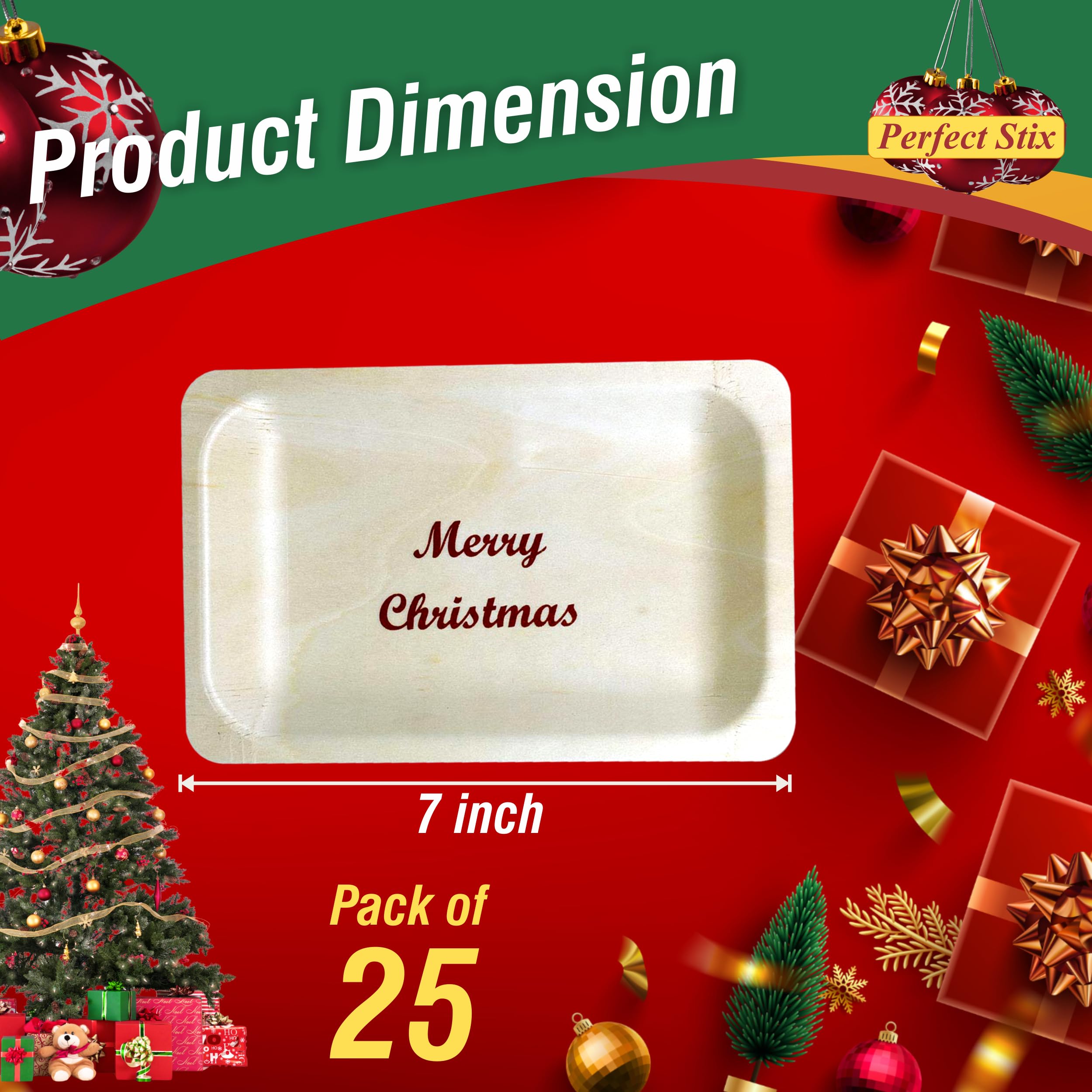 Perfect Stix 7-Inch Disposable Wooden Christmas Plates with Holiday Print - 25 Count Pack for Christmas Parties, Dinnerware & Festive Celebrations