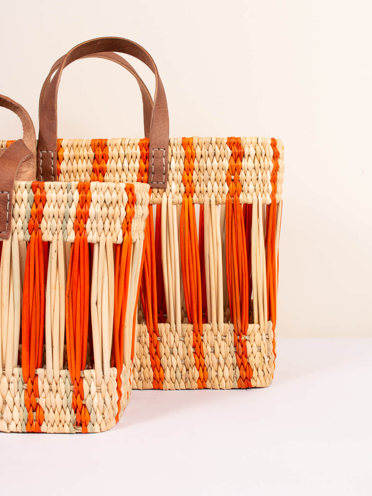 Handwoven Orange Stripe Decorative Reed Basket - Boho Home Decor for Living Room, Bedroom & Bathroom Storage