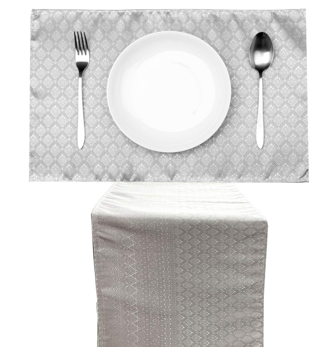 AMORNPHAN Traditional Thai Silk Damask Brocade Table Runner & Placemats Set - 100% Handcrafted Woven Fabric, Washable Dining Table Decor (1 Runner + 4 Placemats) - Perfect for Elegant Dinner Parties, Wedding Receptions & Home Decor
