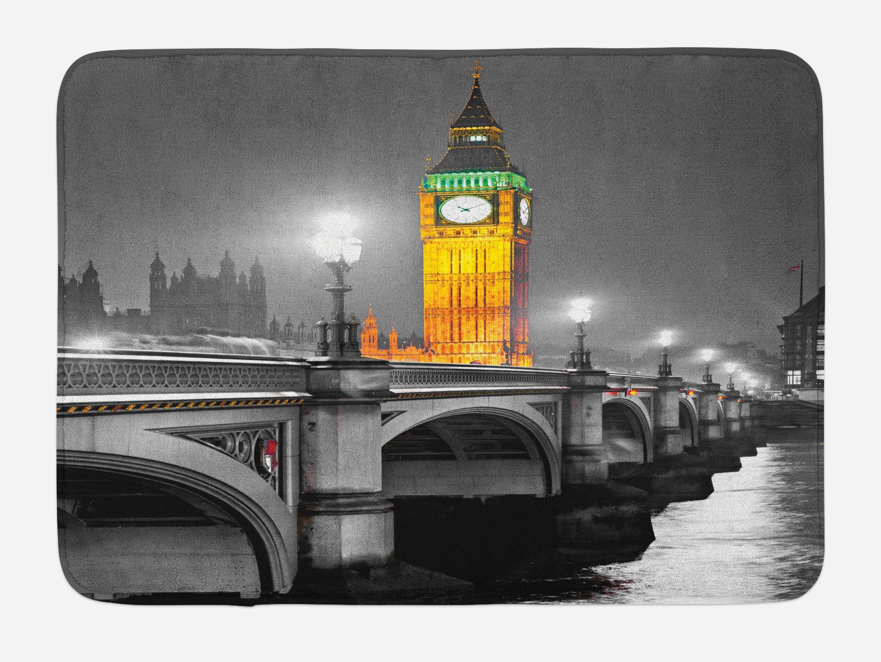 Ambesonne Non-Slip Bath Mat - London Night Scene with Big Ben & Westminster Bridge, UK River European Style Plush Bathroom Rug, 30.2