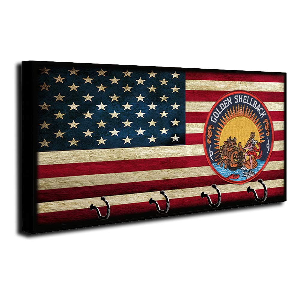 Brotherhood US Navy American Flag Golden Shellback Key Holder - Wall Mount Key Organizer Rack for Home Keys, Rings & Hooks - Perfect for Navy Veterans, Patriotic Home Decor & Entryway Organization