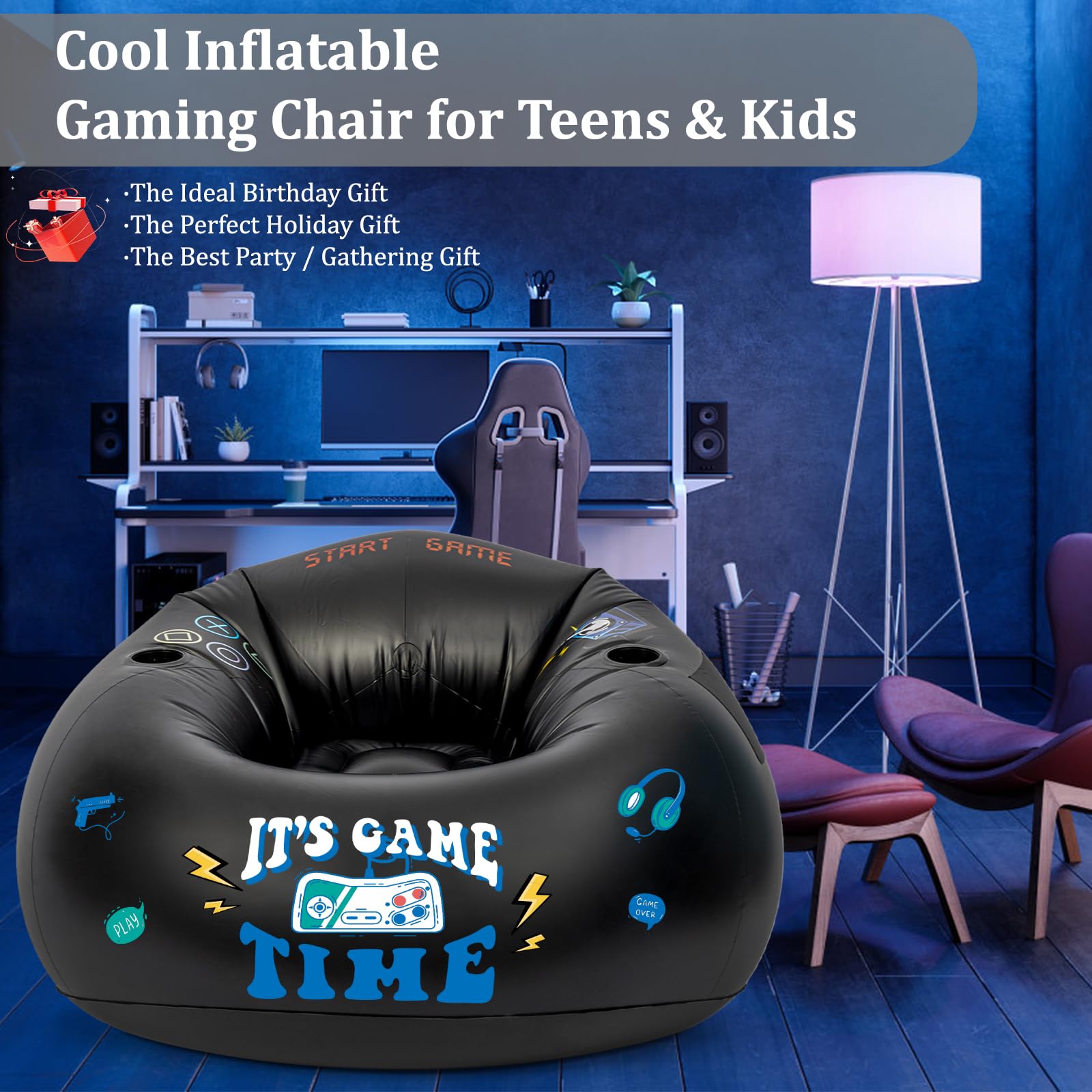 Inflatable Gaming Chair for Kids & Teens - Portable Floor Bean Bag Chair with Cup Holder & Side Pocket | Boys Room Furniture, Gaming Couch for Bedroom Decor | Perfect for Video Games, Movie Nights & Sleepovers