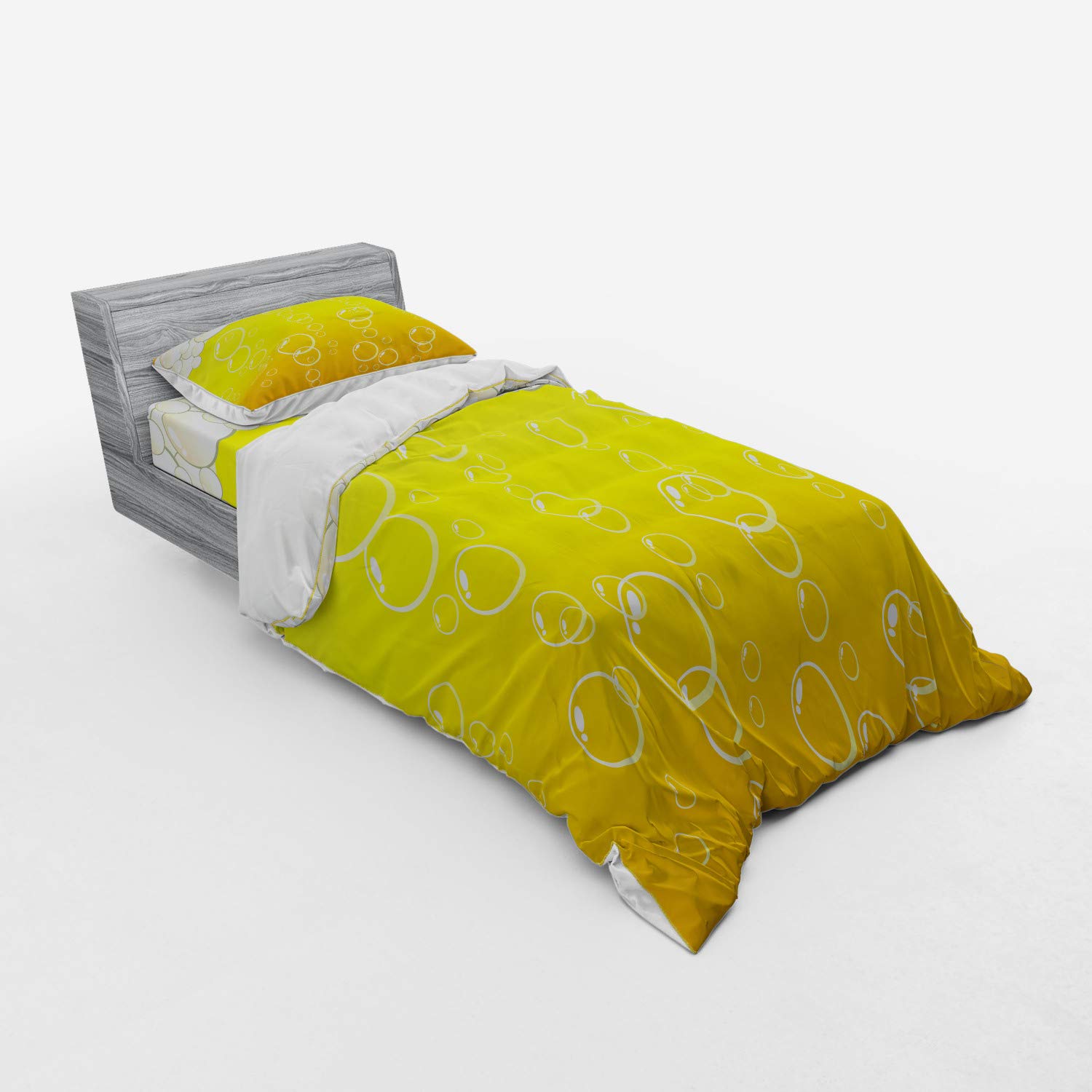 Ambesonne Abstract Bedding Set - Bubbles & Beer Alcohol Drink Themed Duvet Cover 3-Piece Set with Sham & Fitted Sheet, Twin XL Size, Yellow & White - Perfect for College Dorms, Bachelor Pads & Beer Lover's Bedroom Decor