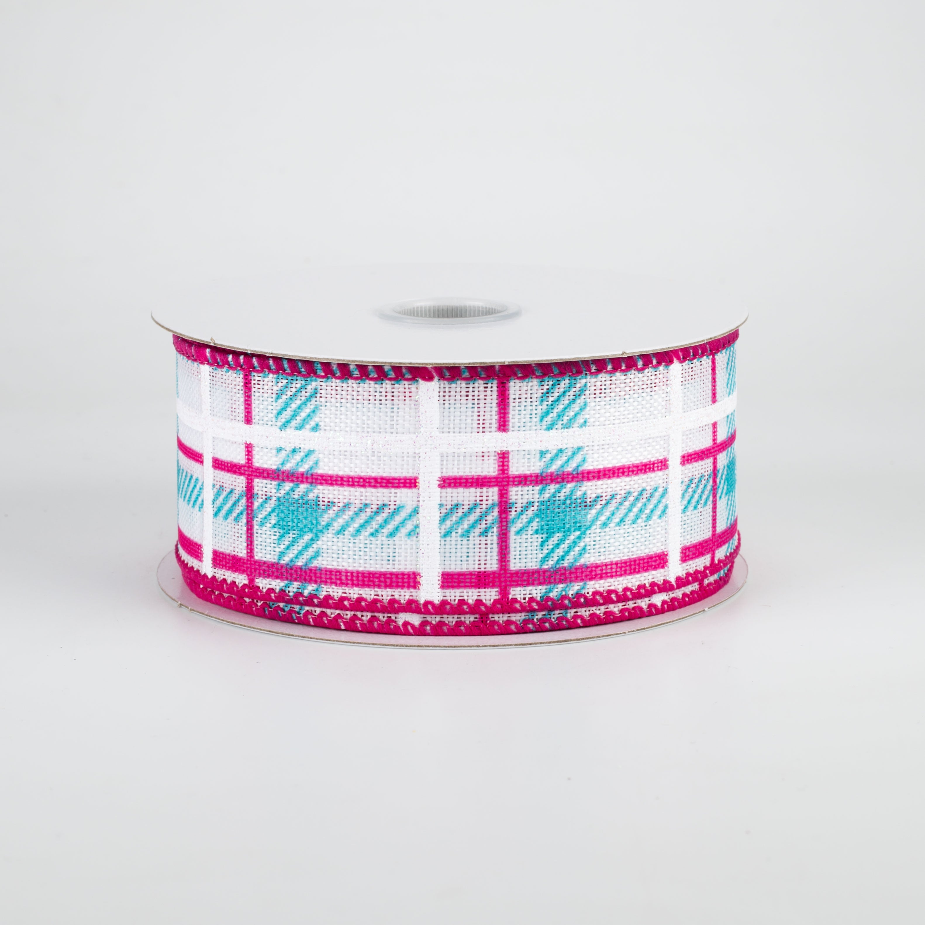 1.5 Inch Iridescent Print Plaid Ribbon - Turquoise, Fuchsia & White (10 Yards) for Gift Wrapping, DIY Crafts, Hair Bows & Party Decorations