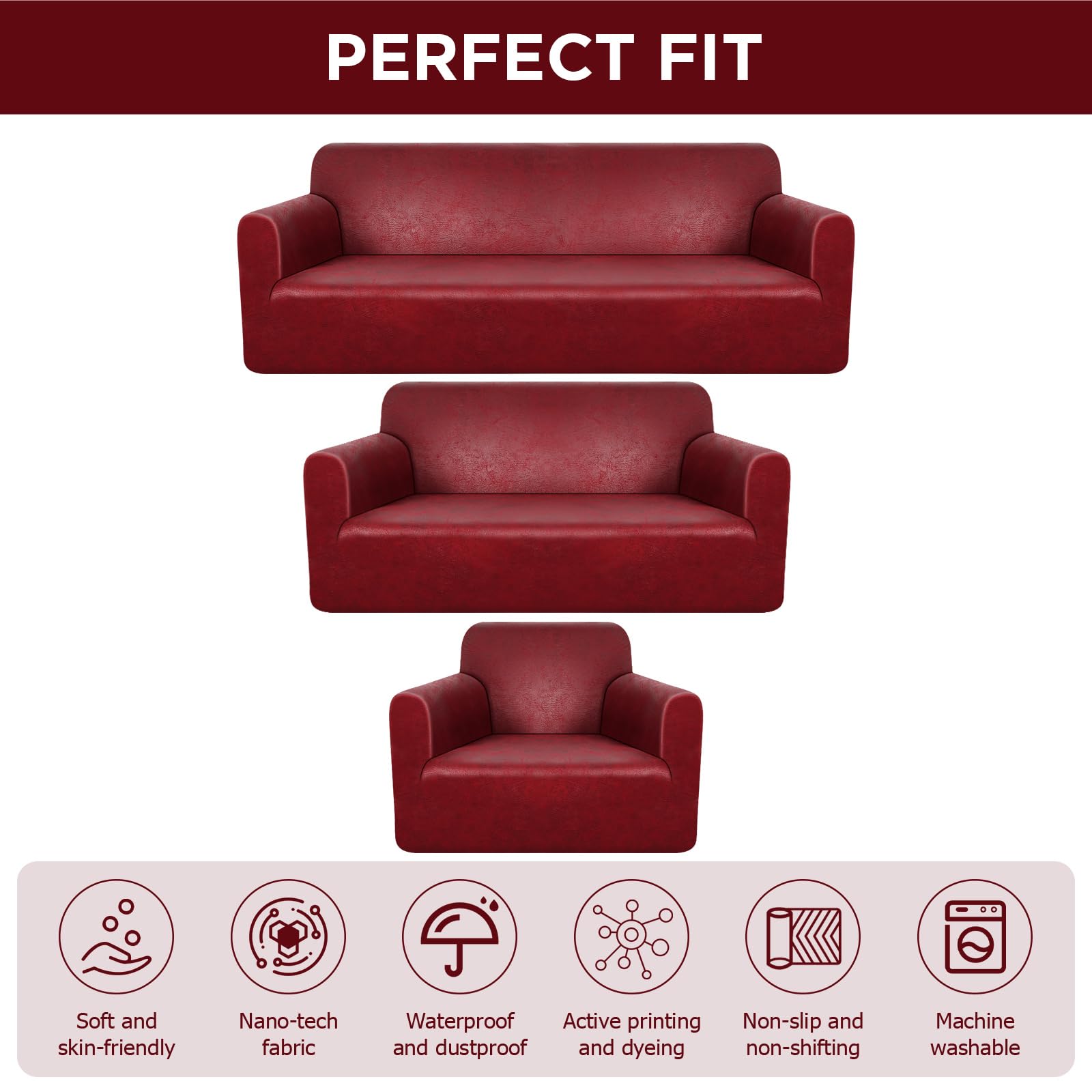 **Peryiter 3-Piece Stretch Slipcover Set for Sofa, Loveseat & Armchair – Form-Fitting, Wrinkle-Free Furniture Protector (Burgundy, Tech Fabric) – Perfect for Living Room, Home Decor & Pet-Friendly Use**