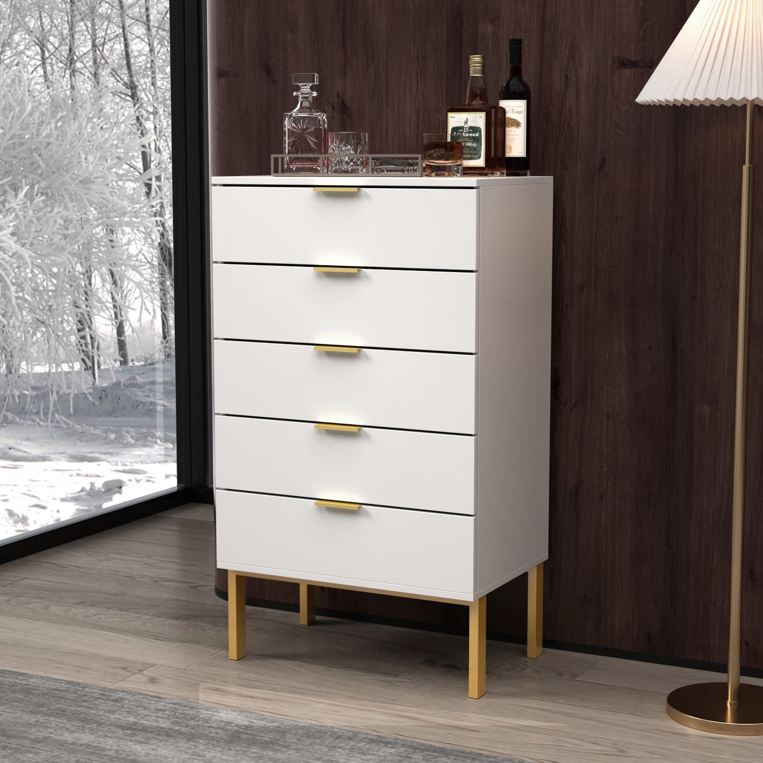 FAMAPY 5-Drawer Dresser with Gold Metal Legs, White Wooden Storage Chest Organizer for Bedroom (23.6