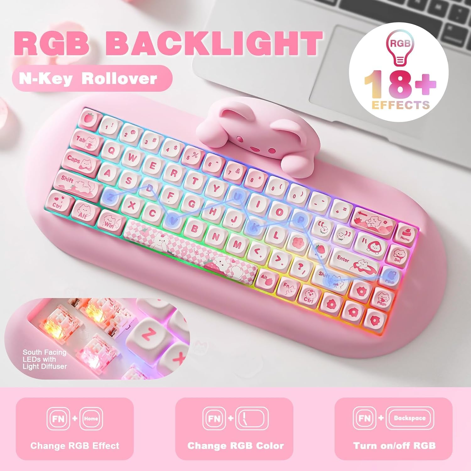 YUNZII C68 Wireless Mechanical Keyboard - 65% Compact Layout, Hot-Swappable, Triple Mode (Bluetooth 5.0/2.4G/Wired), RGB Backlit, NKRO, Ergonomic Cute Cat Silicone Design - Compatible with Windows & Mac (Pink, Milk Switch) - Perfect for Gaming, Office Work & Typing Enthusiasts