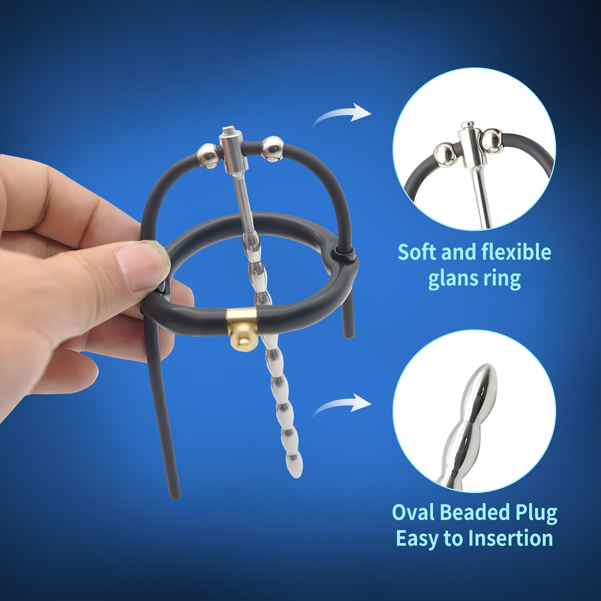 Electric Shock Beaded Urethral Sound Plug - Adjustable Cock Ring & Glans Cage Electro Sex Kit with Power Unit - Penis Dilator Expander & Chastity Device for Men - BDSM, Prostate Play & Sensual Enhancement