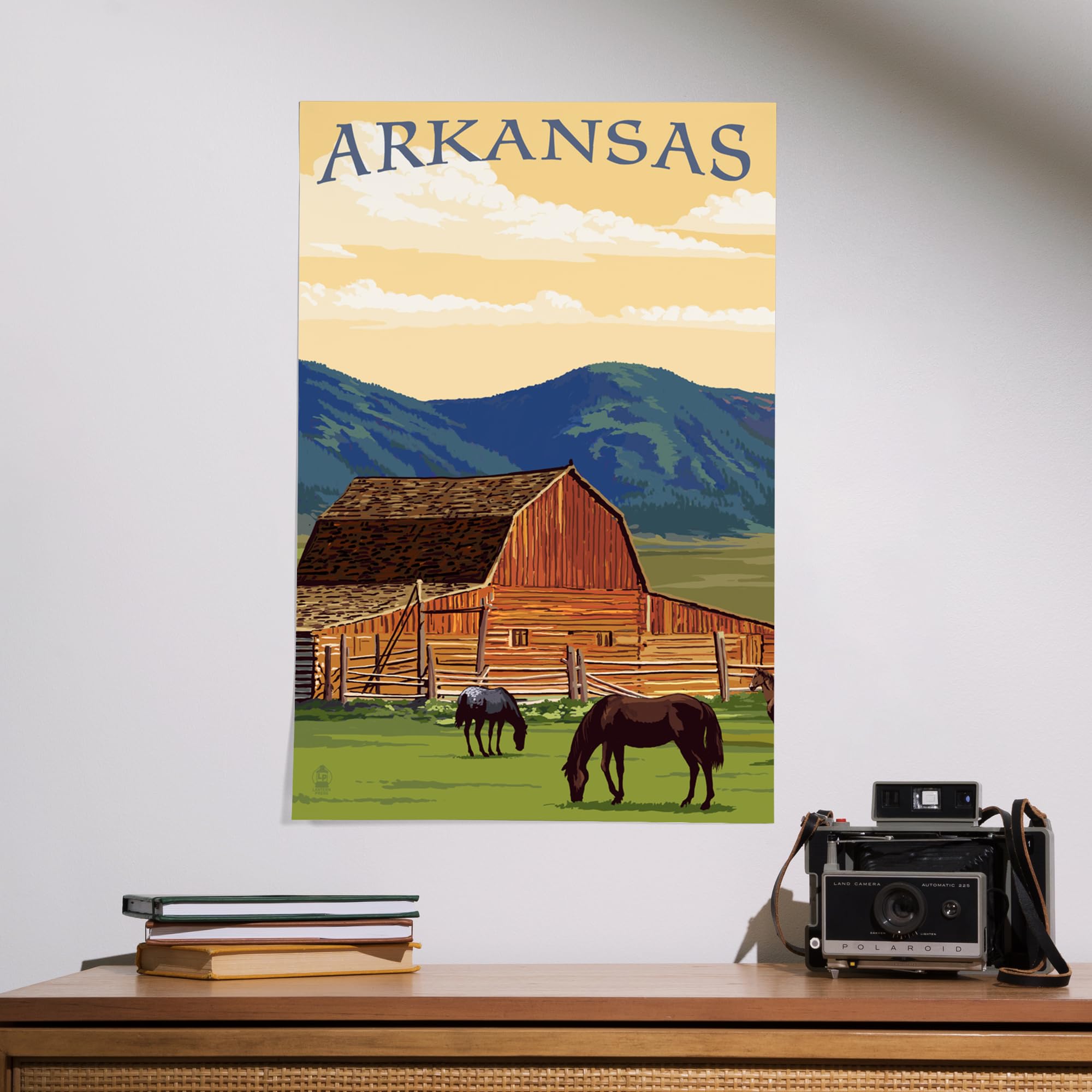 Lantern Press 16x24 Inch Giclee Art Print - Arkansas Countryside Landscape with Horses and Red Barn - Perfect for Home Decor, Living Room Wall Art & Farmhouse Style Interiors