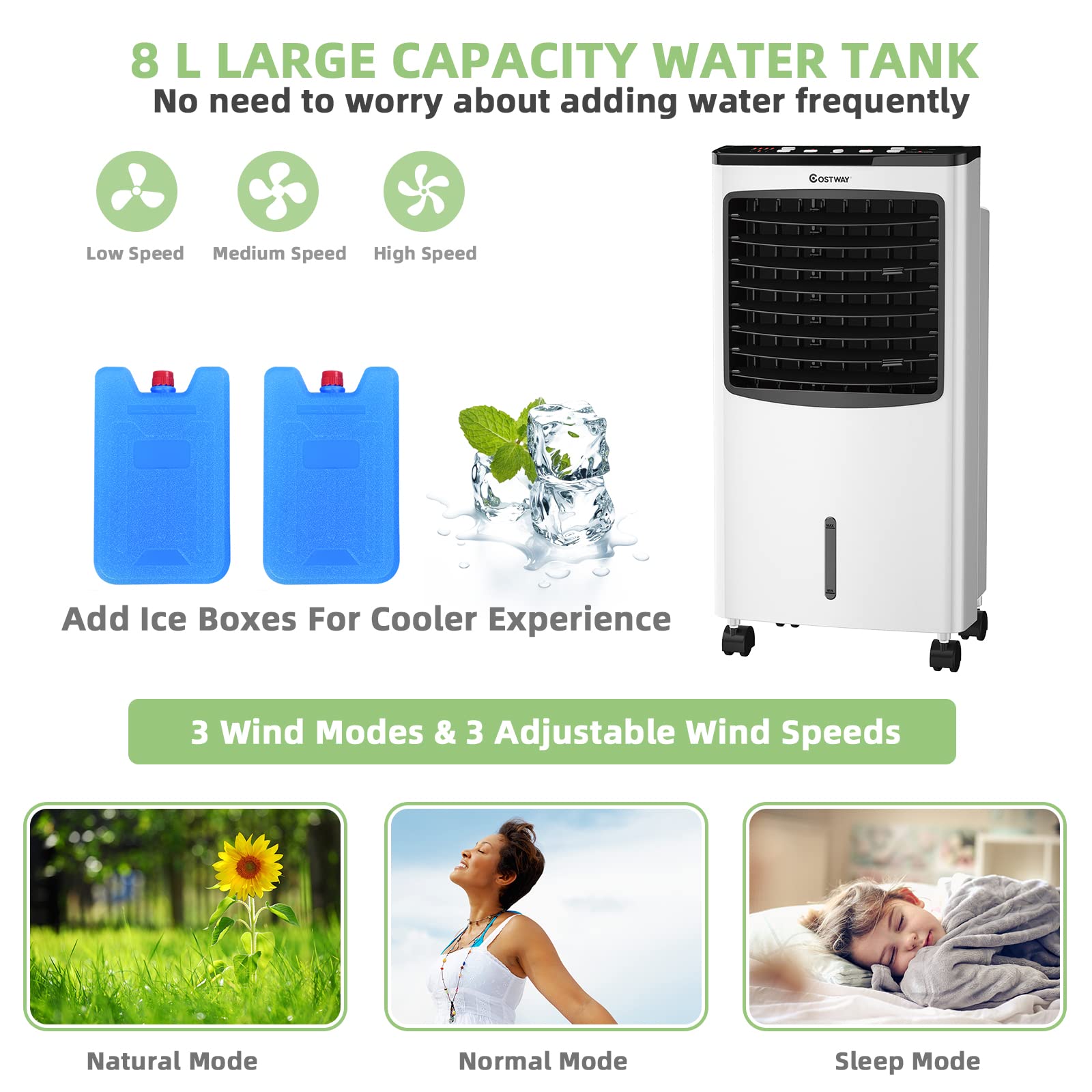 COSTWAY Portable Evaporative Air Cooler with Remote Control - 7.5H Timer, 2 Ice Boxes, Ultra Quiet Cooling for Bedroom, Home Office & Dorm | Perfect for Summer Sleep, Indoor Comfort & Personal Space Cooling