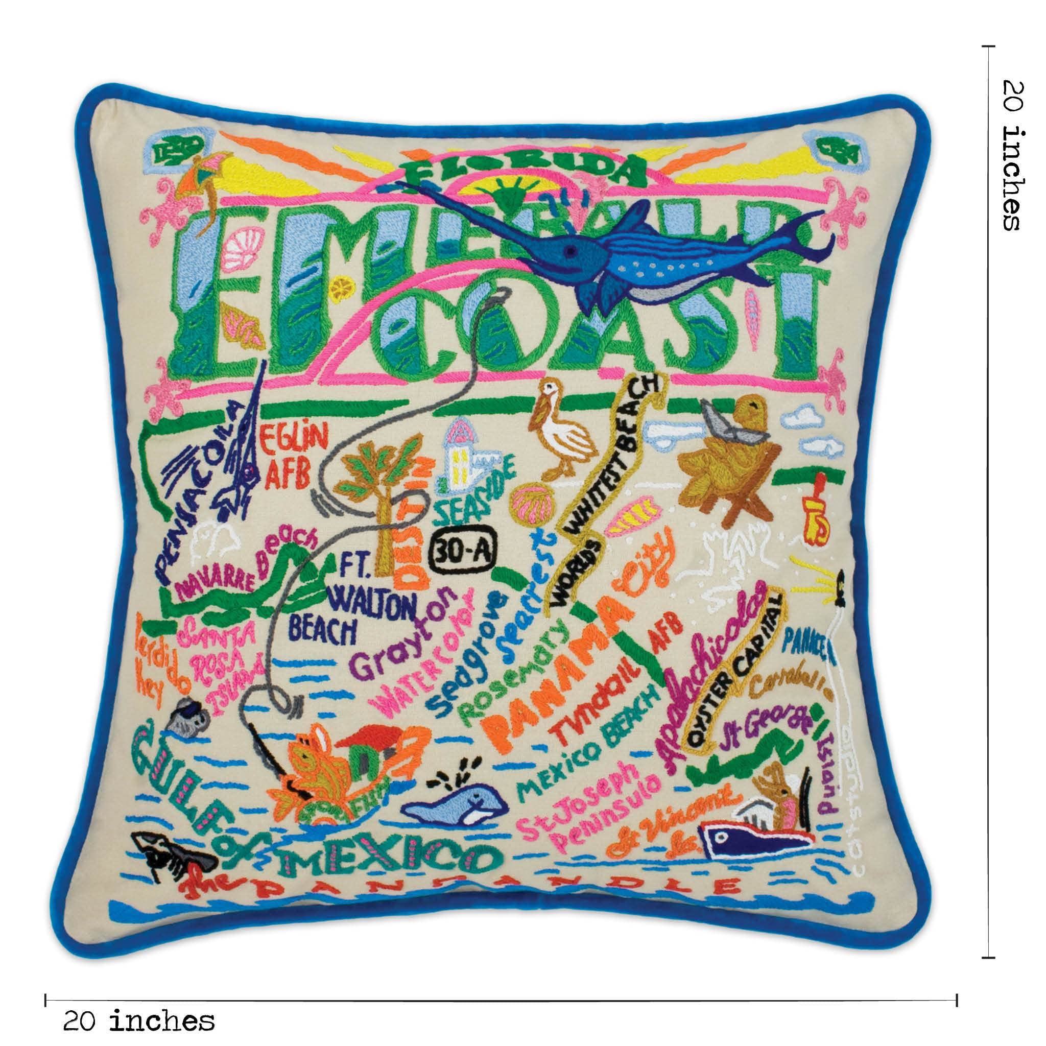 Catstudio Emerald Coast Embroidered Decorative Throw Pillow - Soft Bohemian Style Cushion Cover for Sofa, Bed, Couch - Coastal Home Decor Accent for Living Room, Bedroom, Porch