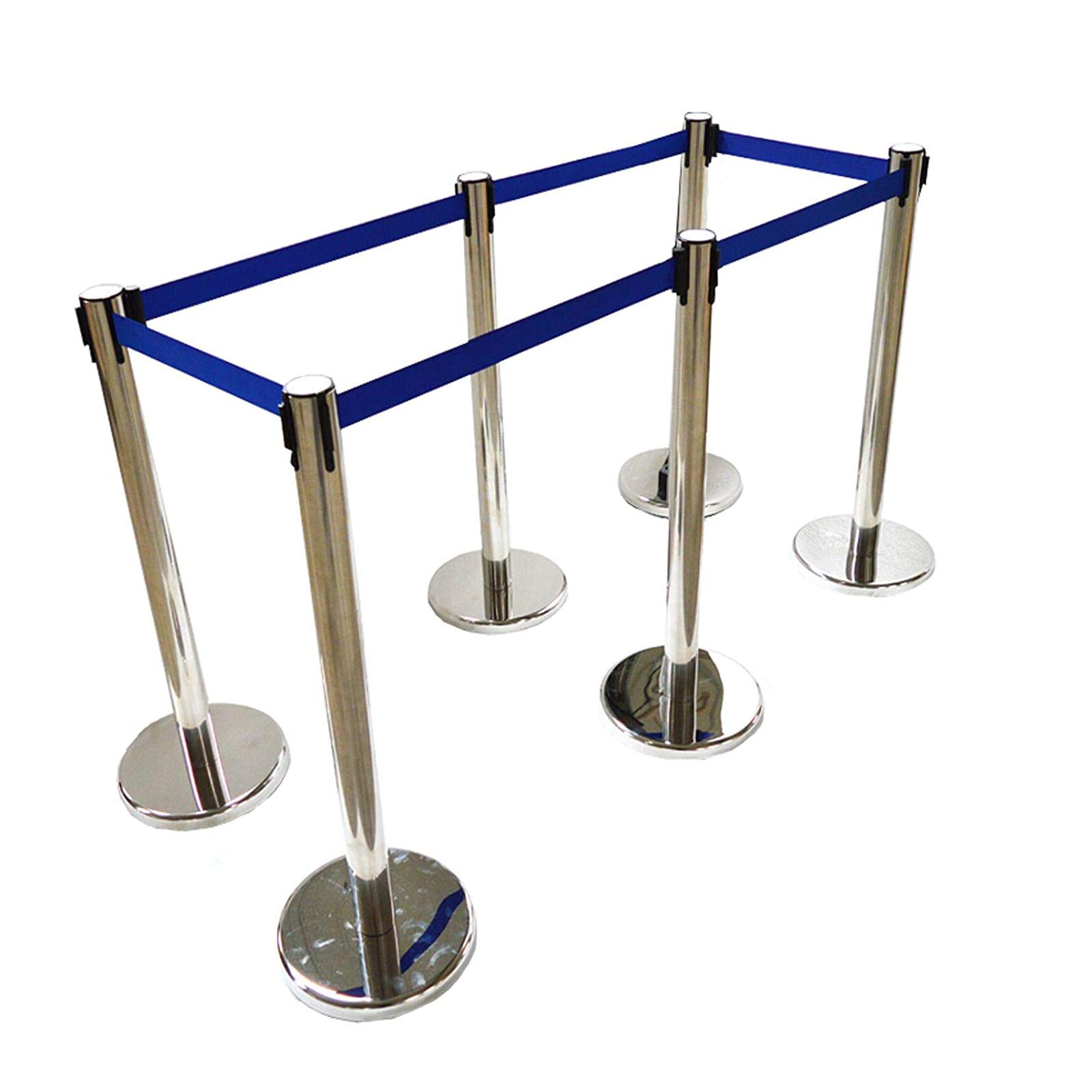 INTSUPERMAI 6-Pack Retractable Belt Stanchion Posts with Blue Queue Belts - Stainless Steel Crowd Control Barriers for Events, Banks & Retail Stores