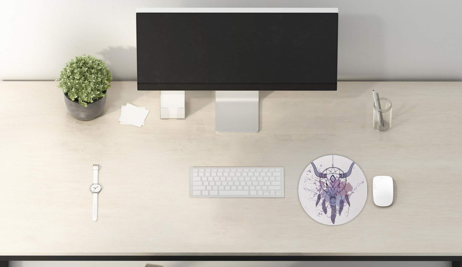 Ambesonne Round Gaming Mouse Pad - Non-Slip Thick Rubber Base with Feather Bull Skull Dreamcatcher Watercolor Design, 8 Inch Computer Mousepad in Lavender Black Grey | Perfect for Office, Gaming & Home Workspace