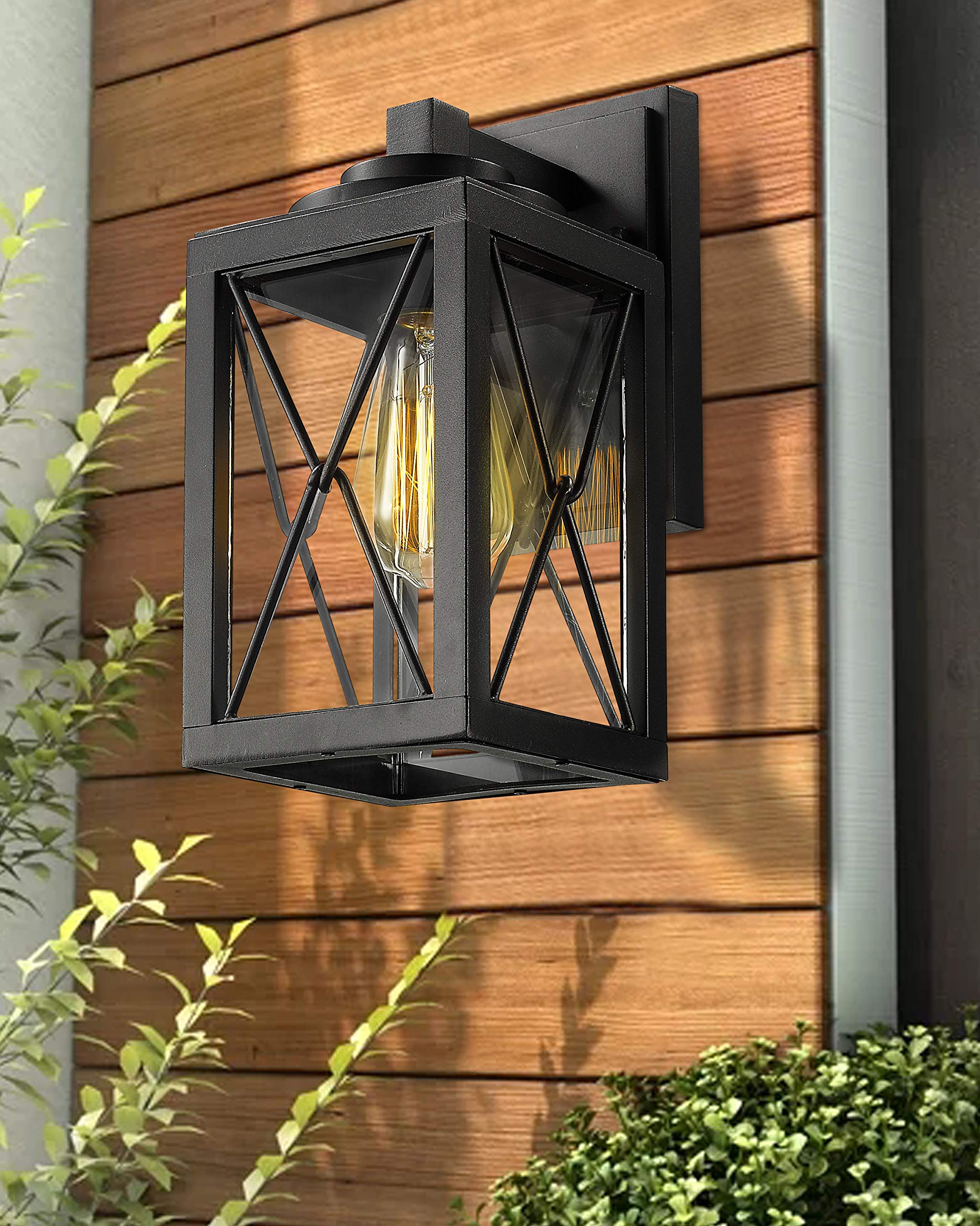 Emliviar Modern Black Outdoor Wall Mount Light Fixture - Clear Glass Exterior Wall Sconce for Porch, Patio, Garden & Entryway Lighting (0387BK)